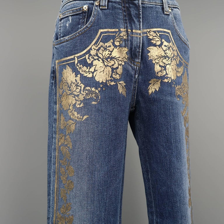 Roberto Cavalli Washed Blue Metallic Gold Floral Print Denim Jeans at ...