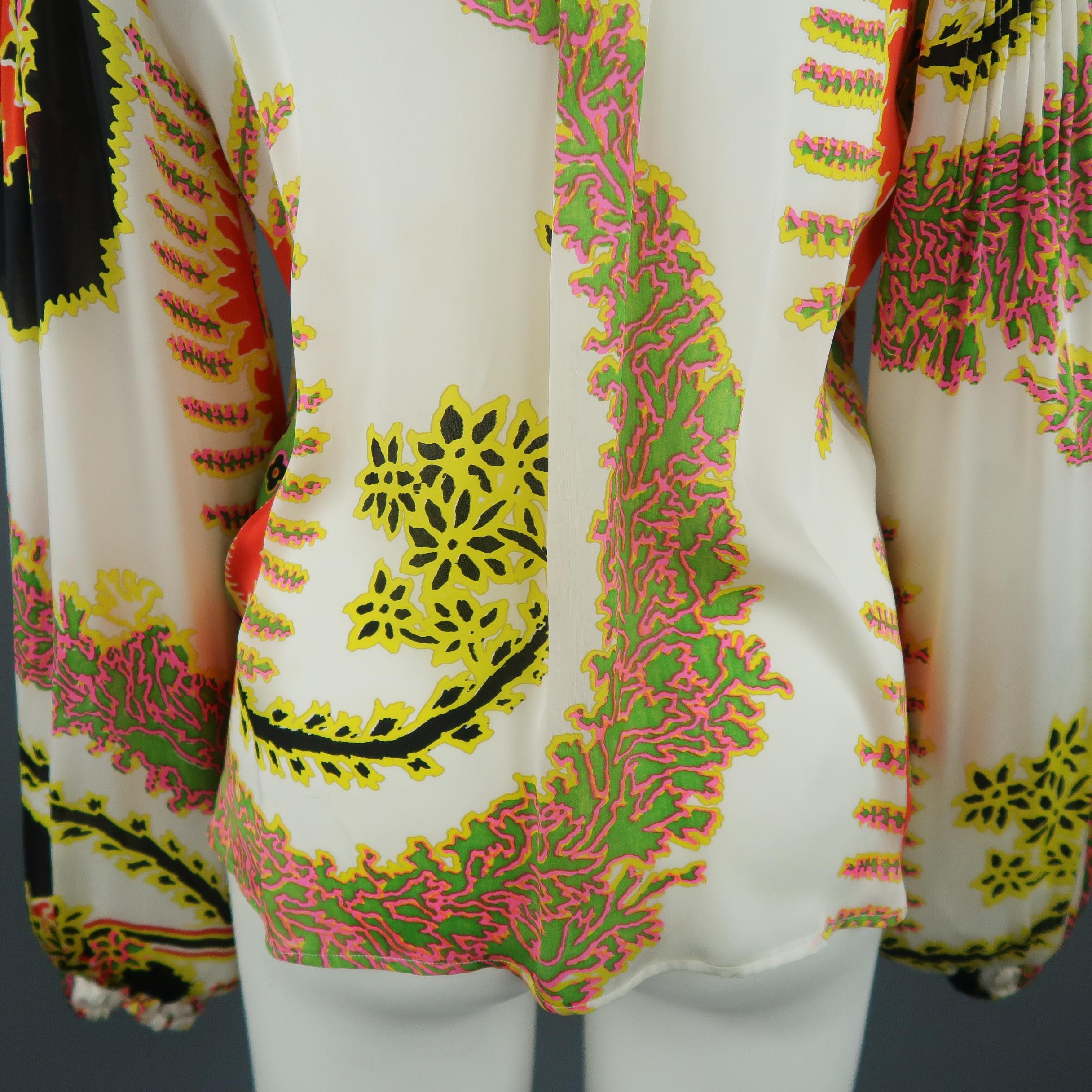 ROBERTO CAVALLI Size 6 White Red Yellow & Green Abstract Floral Silk Blouse 7