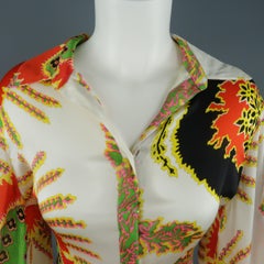 ROBERTO CAVALLI Size 6 White Red Yellow & Green Abstract Floral Silk Blouse