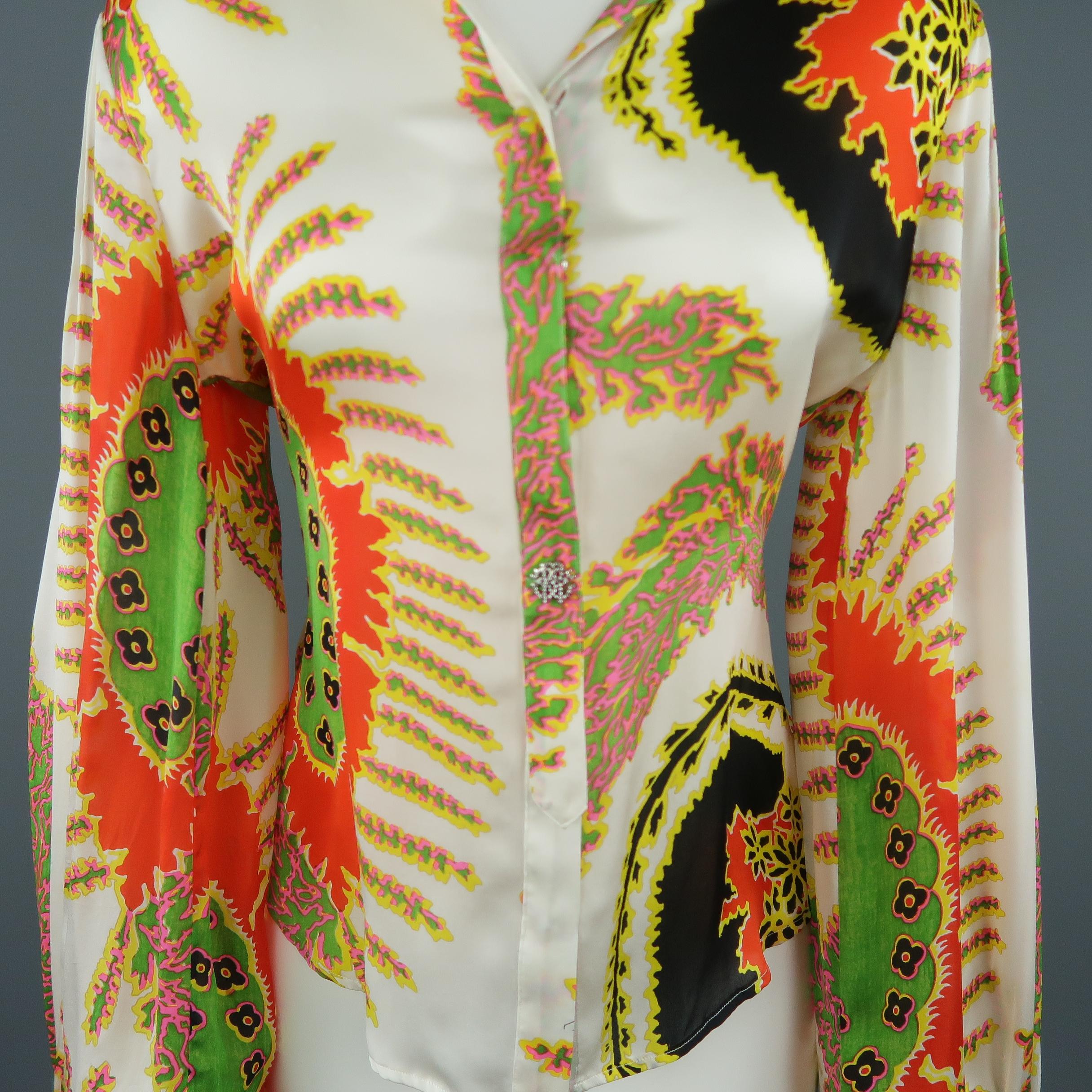Beige ROBERTO CAVALLI Size 6 White Red Yellow & Green Abstract Floral Silk Blouse