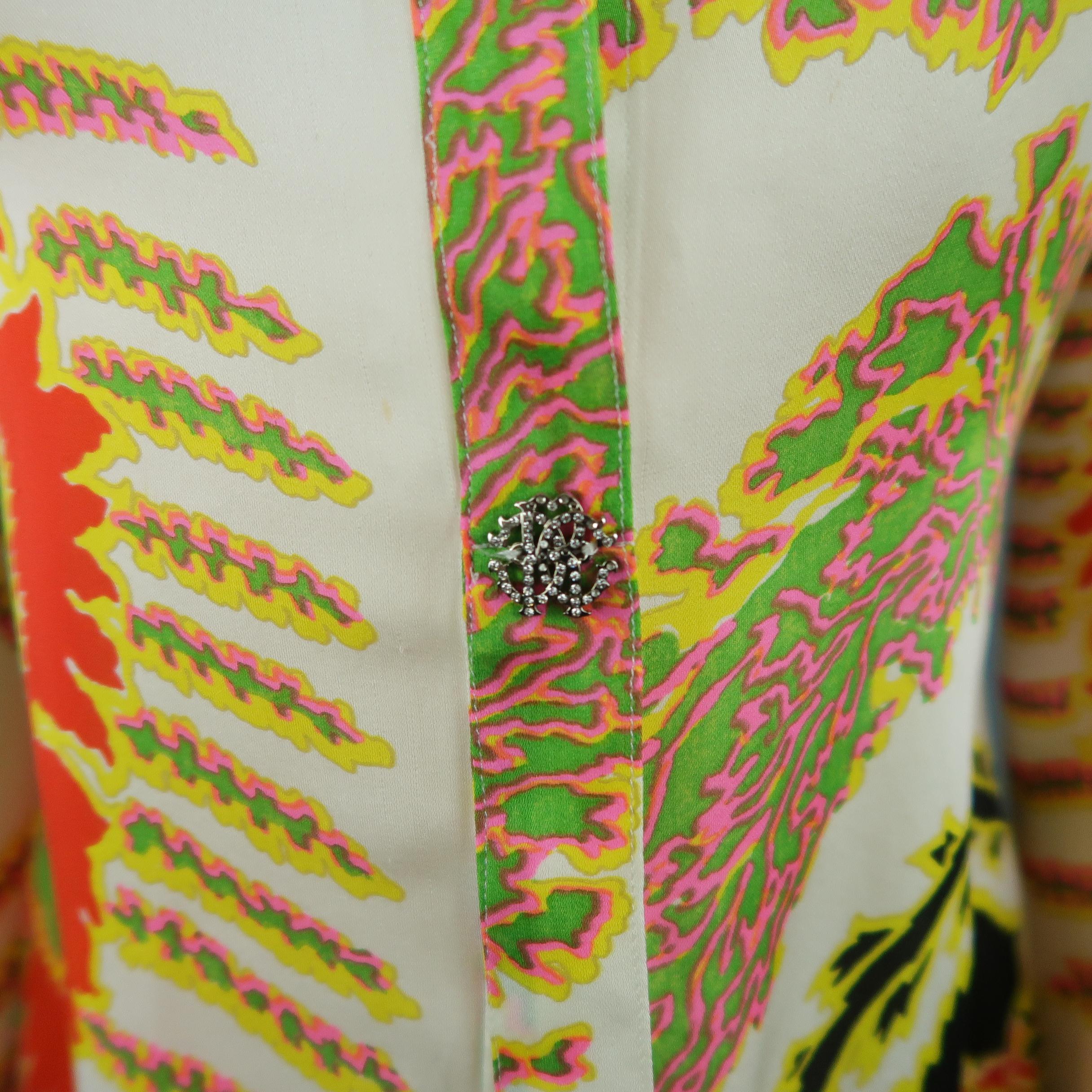 Women's ROBERTO CAVALLI Size 6 White Red Yellow & Green Abstract Floral Silk Blouse