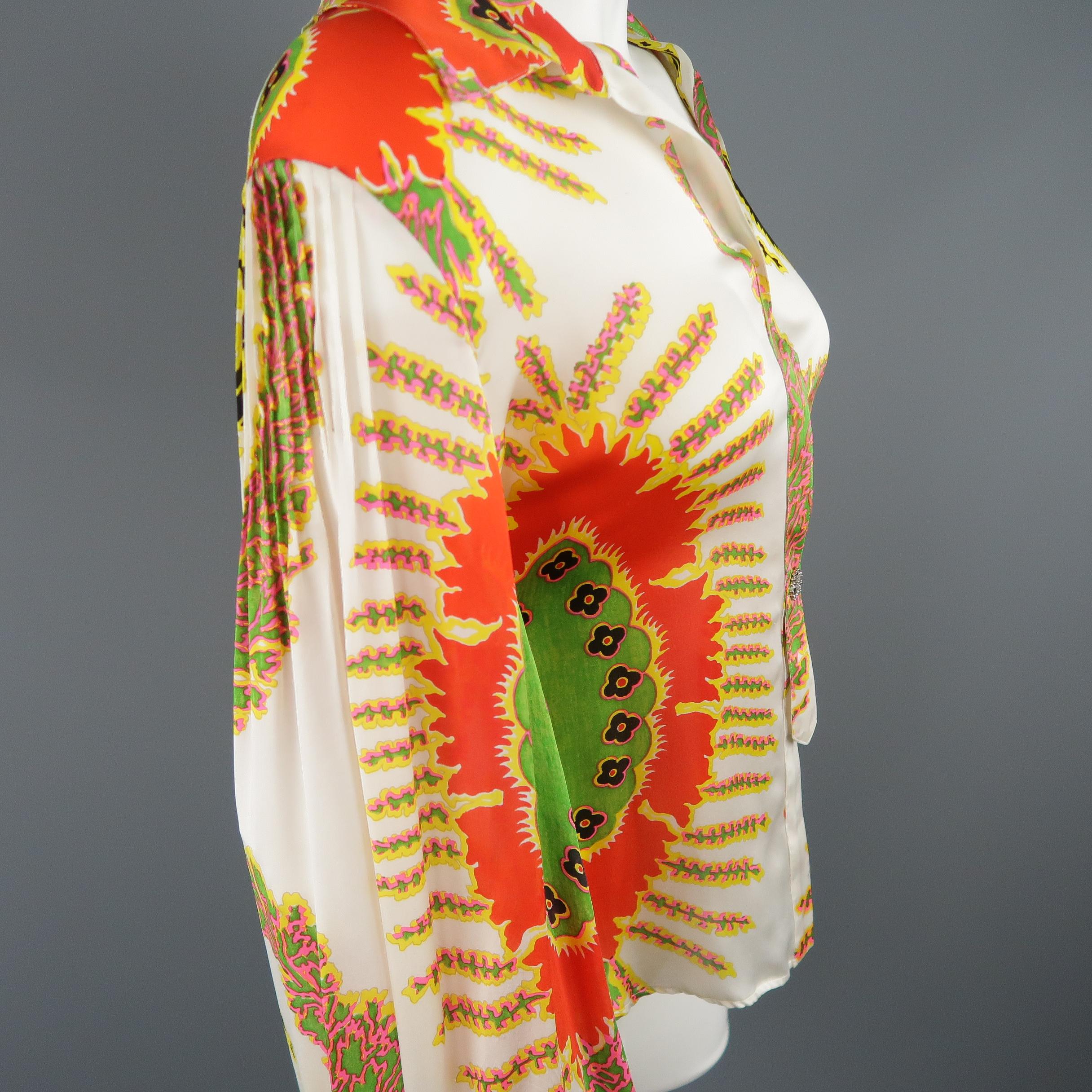 ROBERTO CAVALLI Size 6 White Red Yellow & Green Abstract Floral Silk Blouse 1