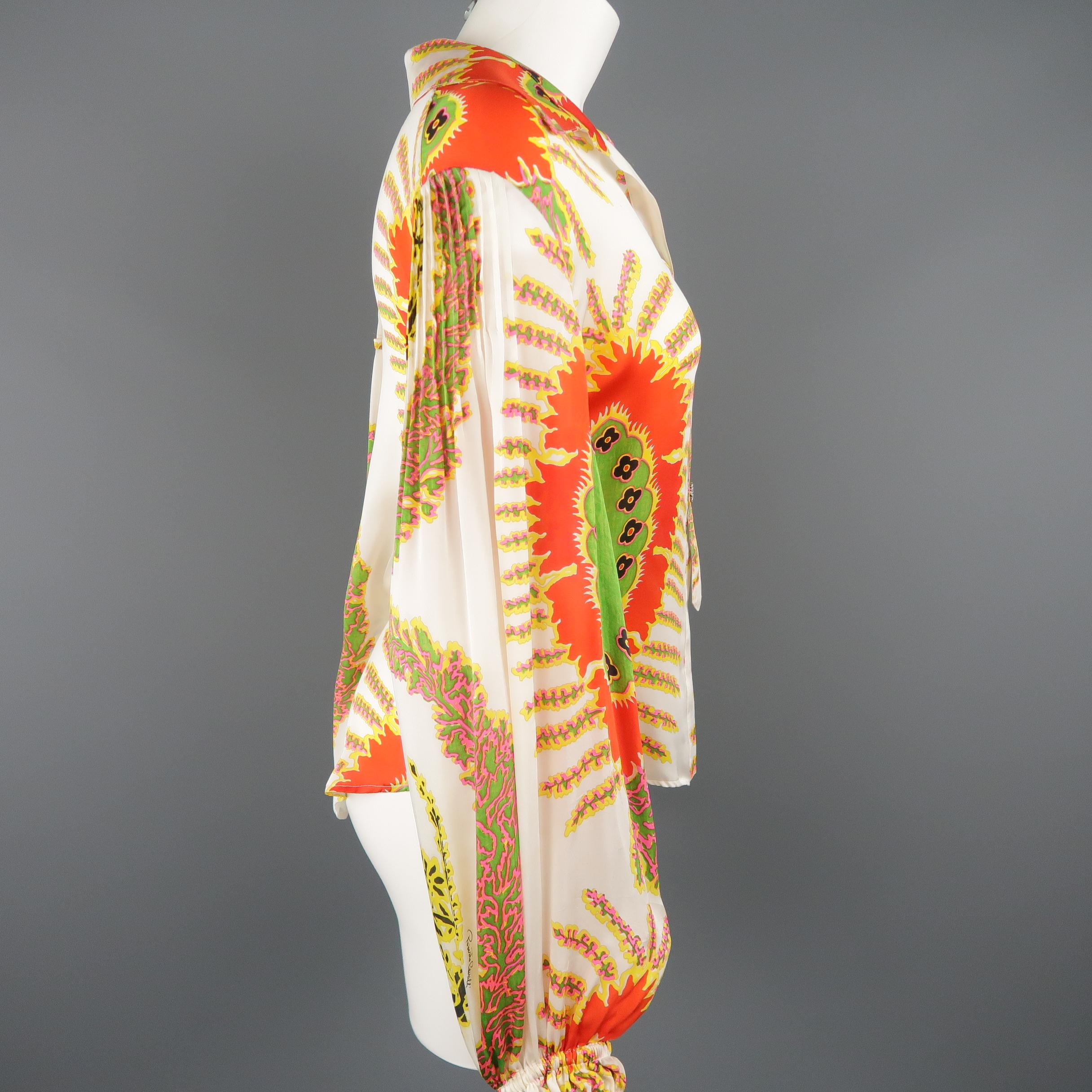 ROBERTO CAVALLI Size 6 White Red Yellow & Green Abstract Floral Silk Blouse 2