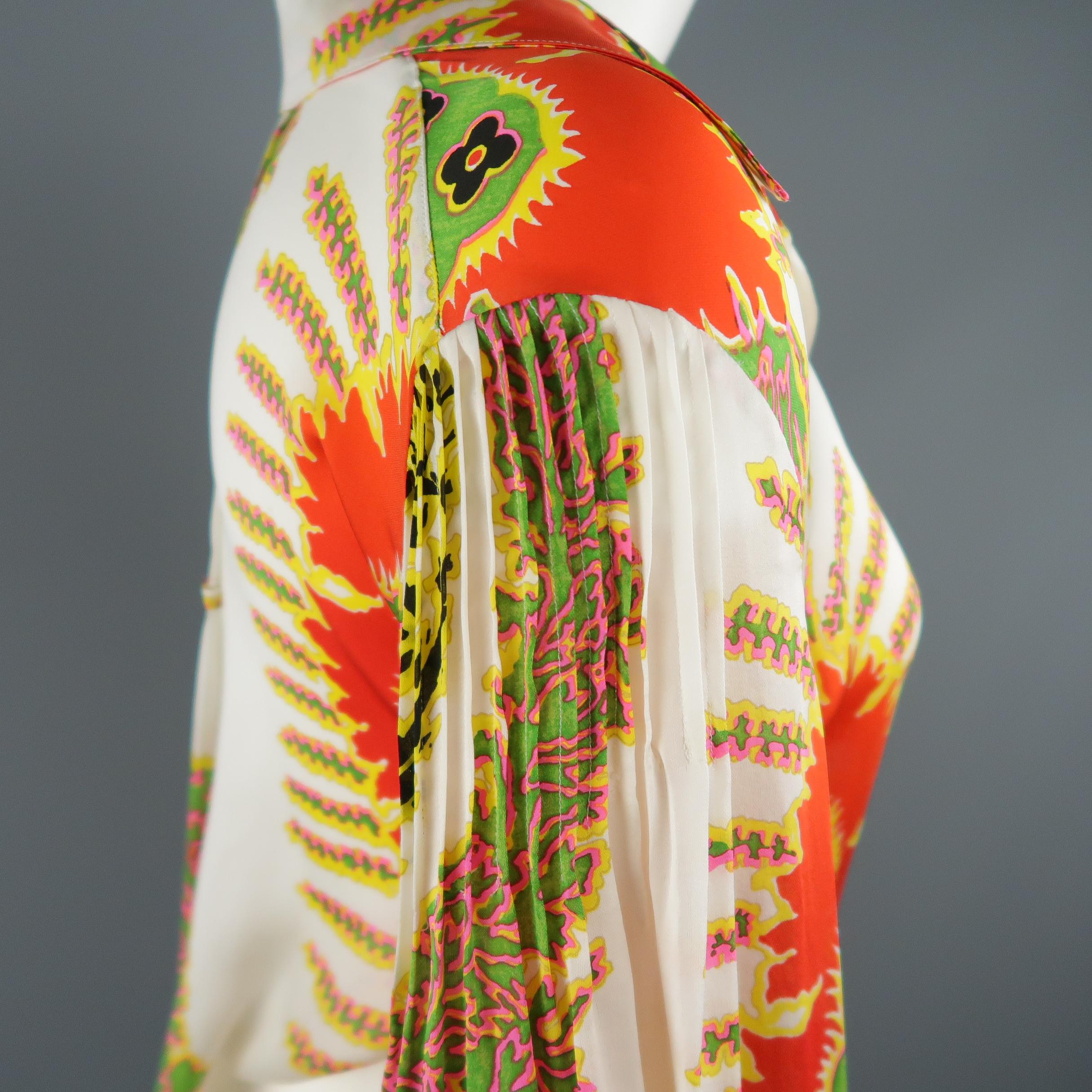 ROBERTO CAVALLI Size 6 White Red Yellow & Green Abstract Floral Silk Blouse 4