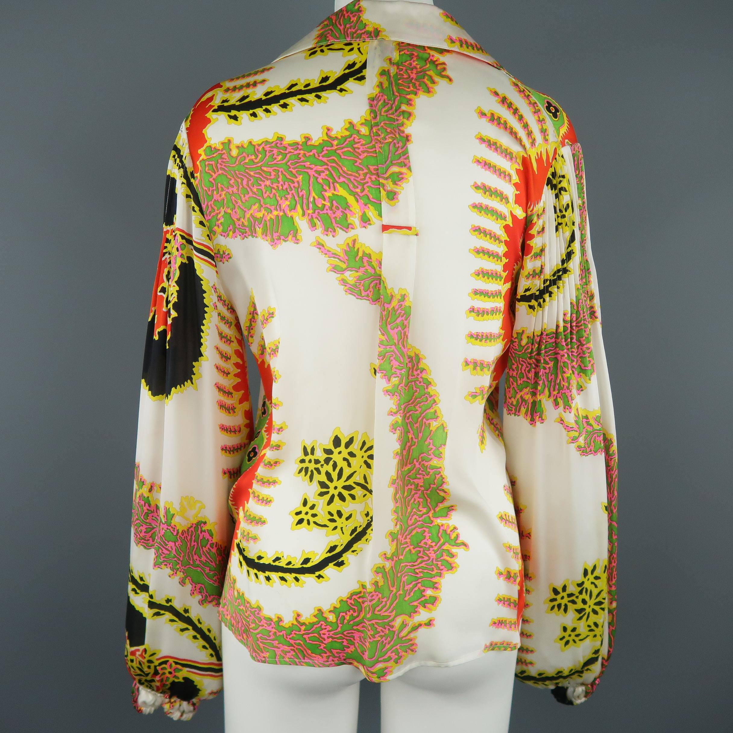 ROBERTO CAVALLI Size 6 White Red Yellow & Green Abstract Floral Silk Blouse 5