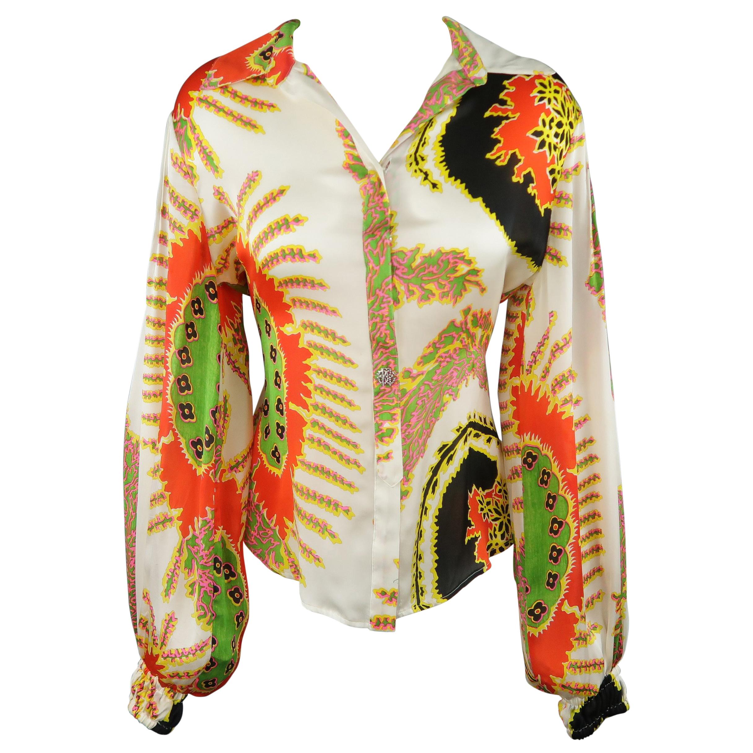 ROBERTO CAVALLI Size 6 White Red Yellow & Green Abstract Floral Silk Blouse