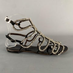 ROBERTO CAVALLI Size 7 Black Rhinestone Leather Gladiator Sandals