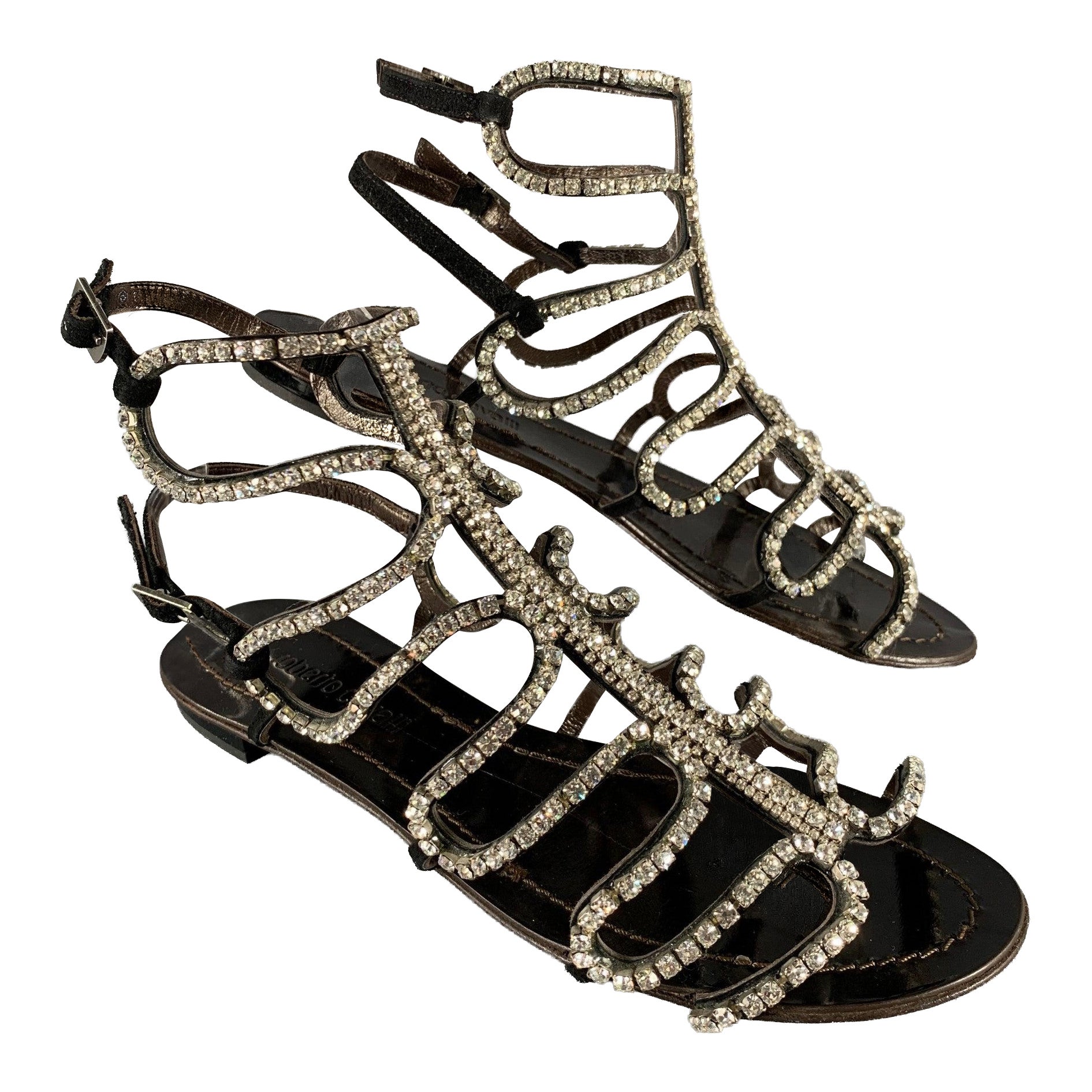 ROBERTO CAVALLI Size 7 Black Rhinestone Leather Gladiator Sandals