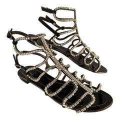 ROBERTO CAVALLI Size 7 Black Rhinestone Leather Gladiator Sandals
