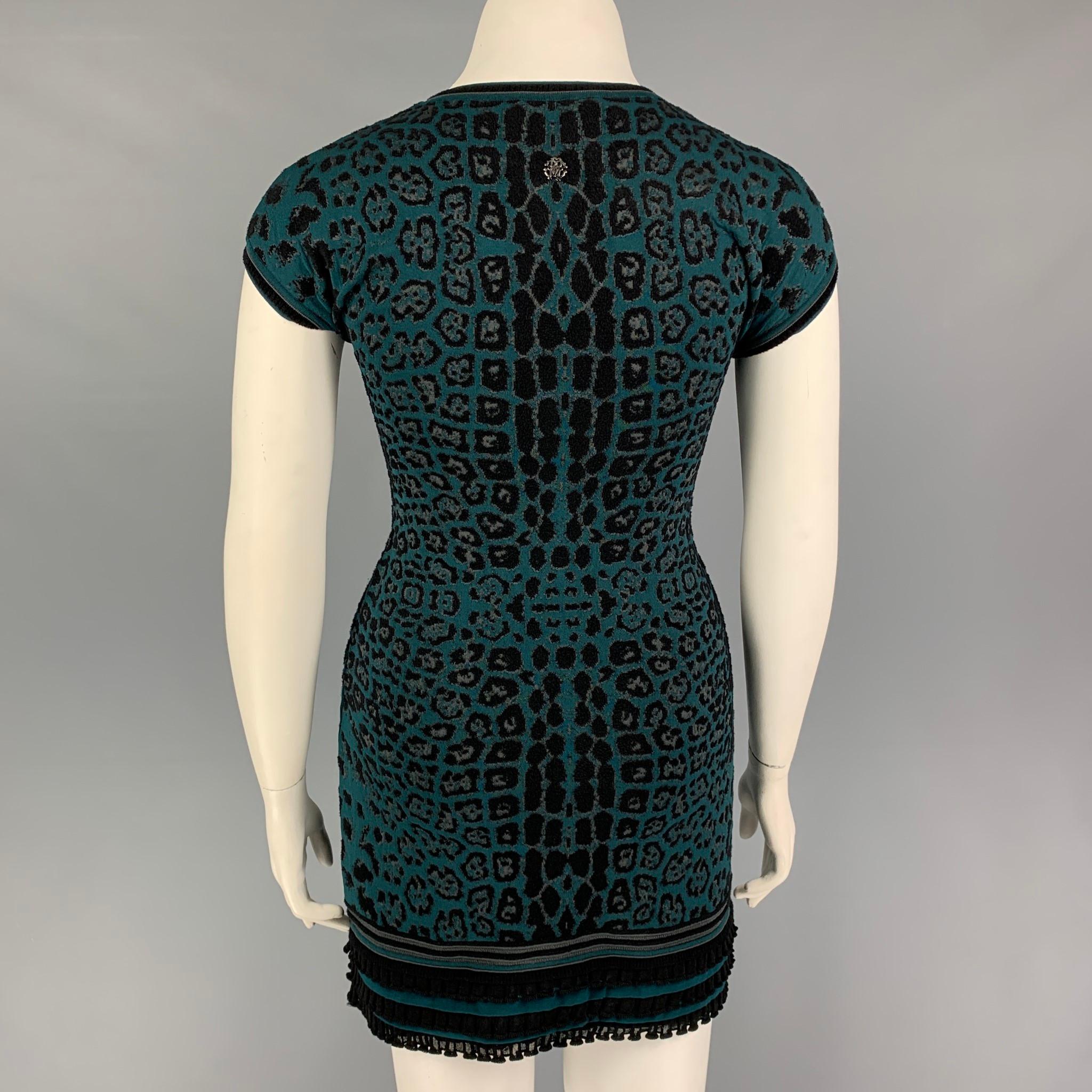 Women's ROBERTO CAVALLI Size 8 Black Green Animal Print Viscose Blend Dress