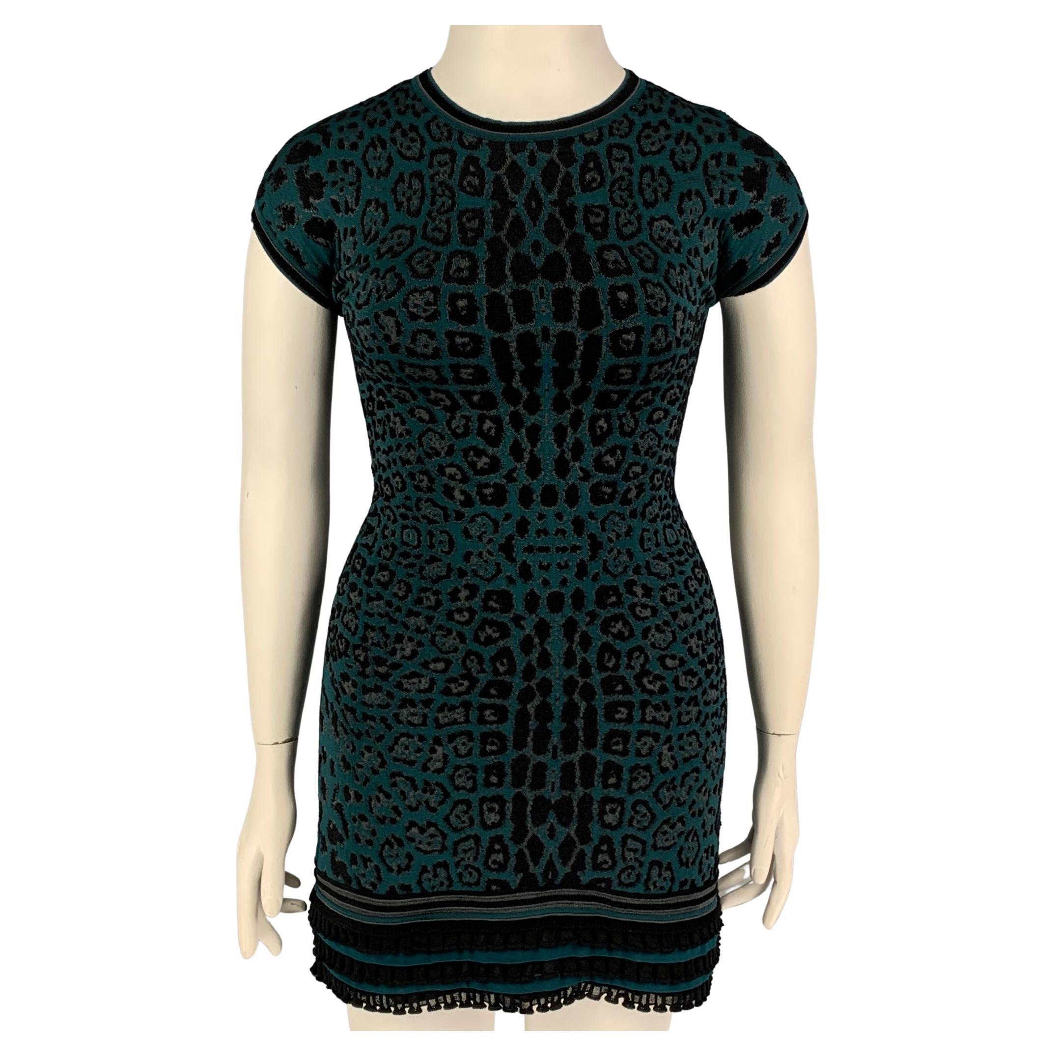 ROBERTO CAVALLI Size 8 Black Green Animal Print Viscose Blend Dress