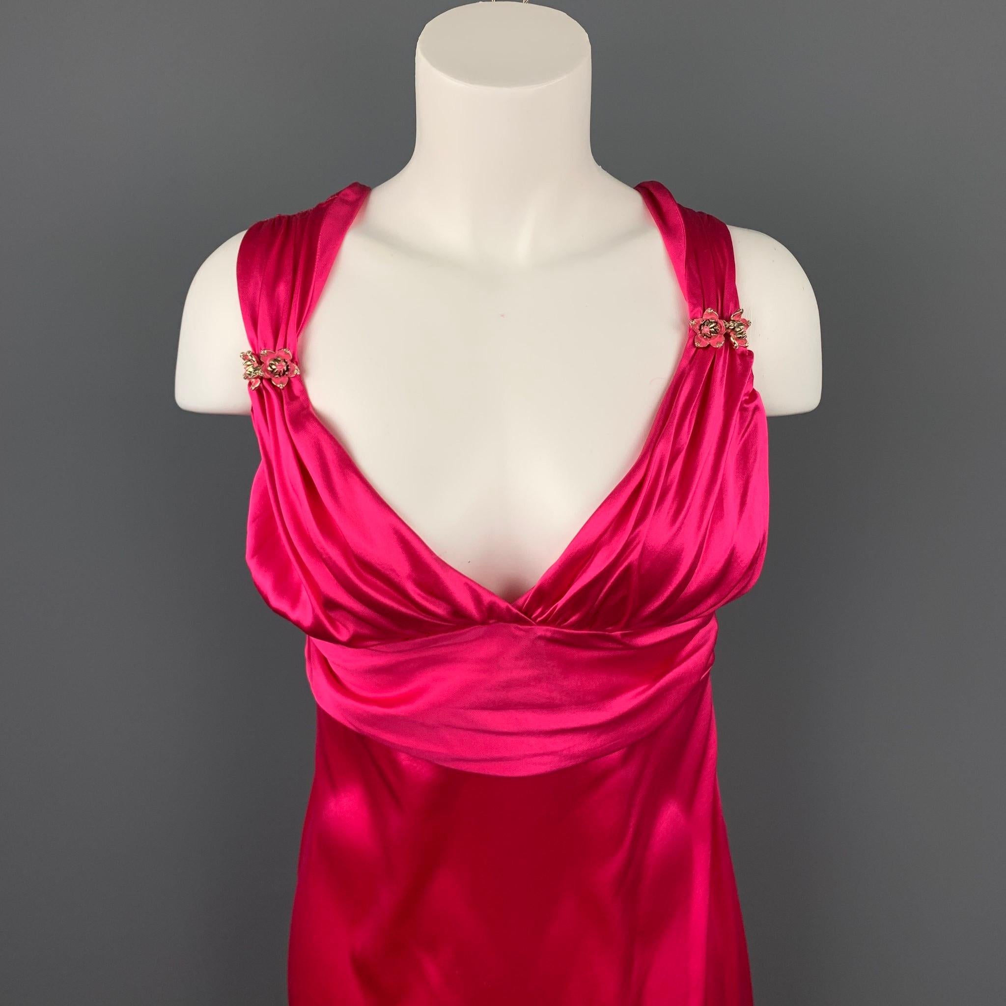 ROBERTO CAVALLI cocktail dress comes in a fuchsia satin silk featuring a sheath style, floral pin details, sleeveless, and a side zipper closure. Made in Italy.

Good Pre-Owned Condition.
Marked: IT 44
Original Retail Price:
