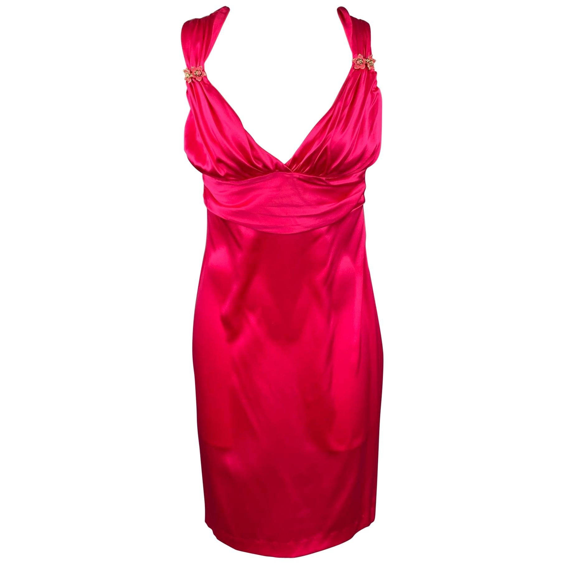 ROBERTO CAVALLI Size 8 Fuchsia Satin Silk Sheath Cocktail Dress