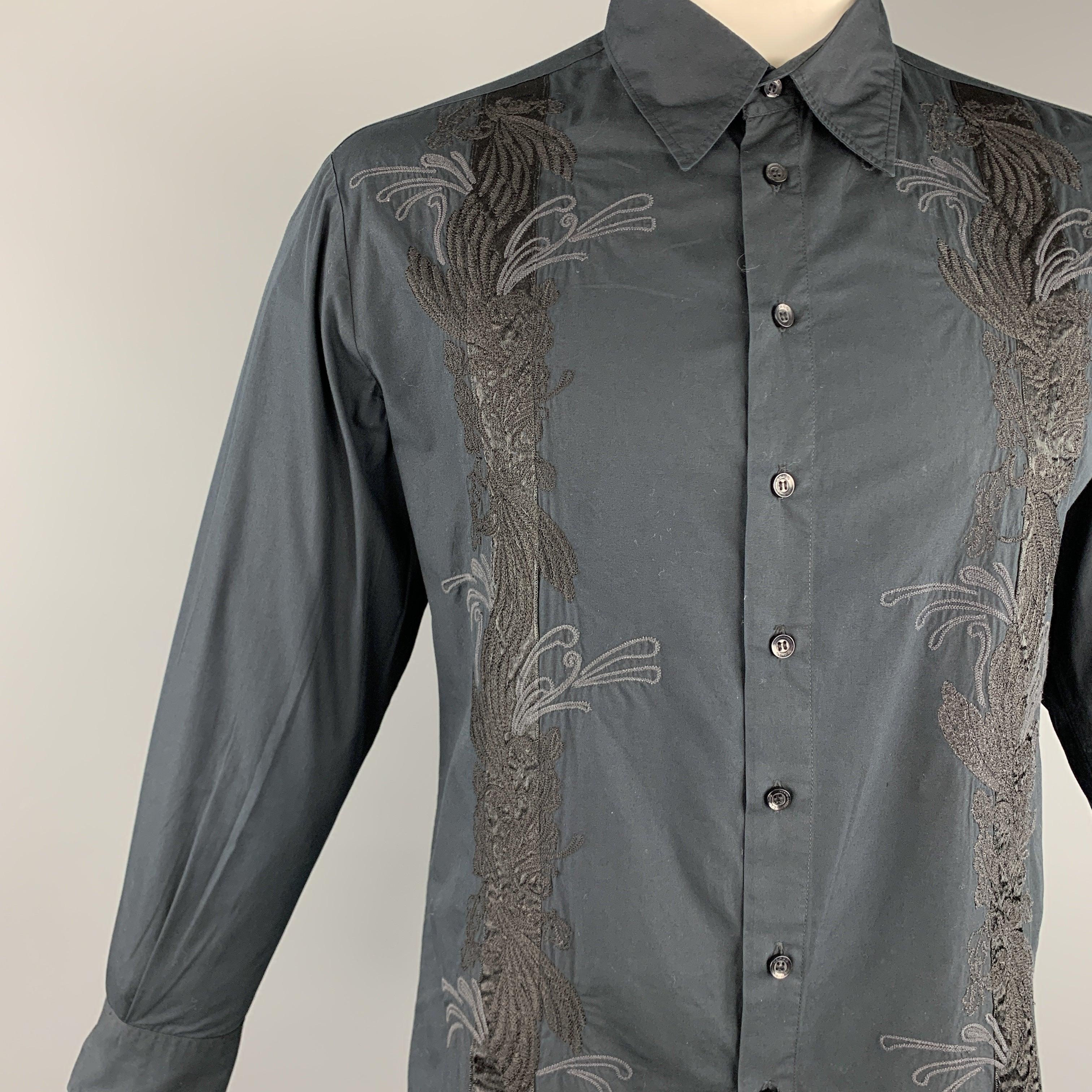 Men's ROBERTO CAVALLI Size L Black Embroidery Cotton Button Up Long Sleeve Shirt For Sale