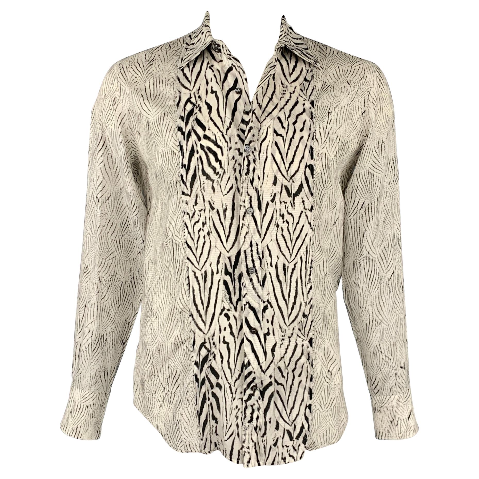 ROBERTO CAVALLI Size L White & Black Print Cotton / Silk Long Sleeve Shirt