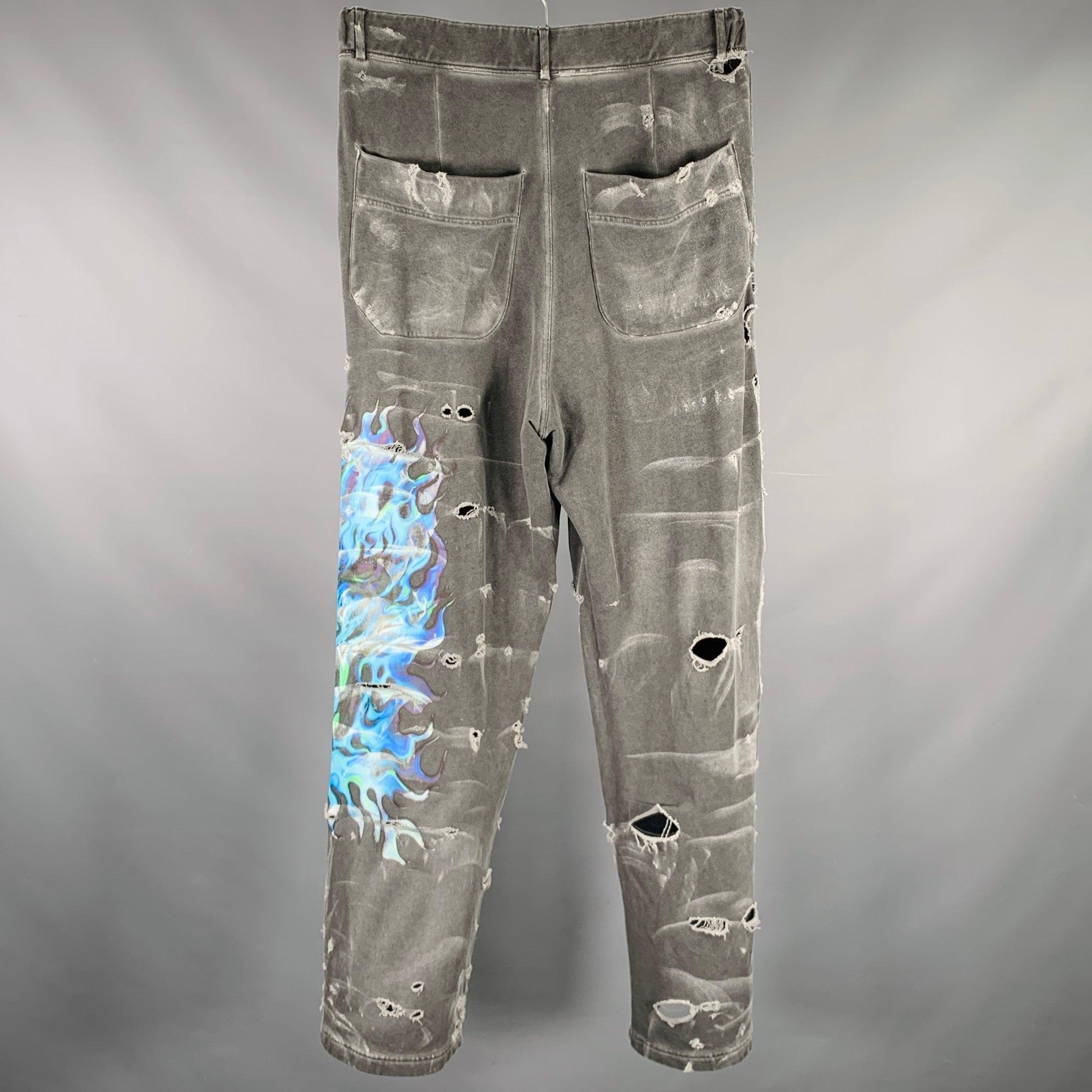 ROBERTO CAVALLI Size M Gray Blue Distressed Cotton Lounge Casual Pants For Sale 1