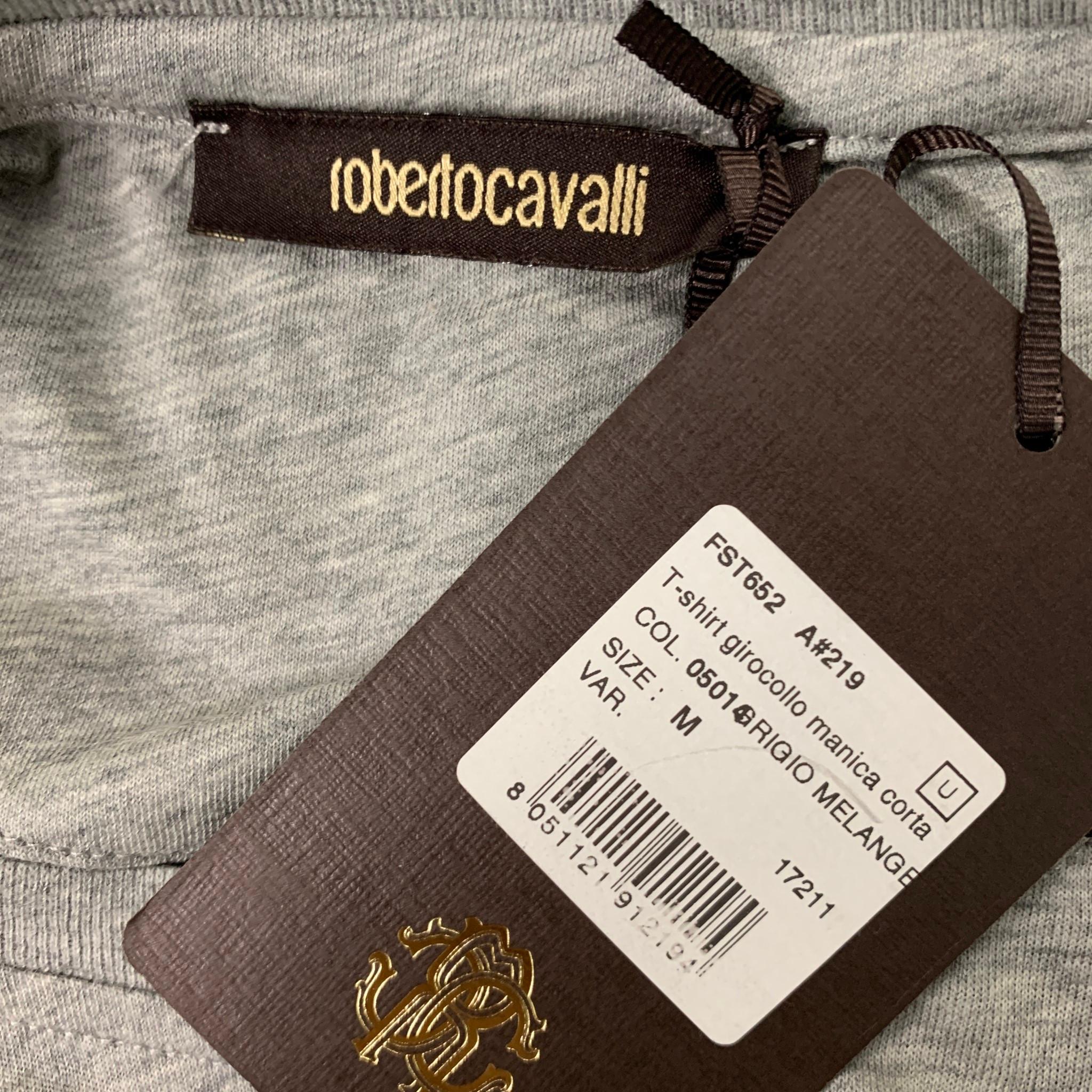 Men's ROBERTO CAVALLI Size M Grey Brown Graphic Cotton Short Sleeve Shirt