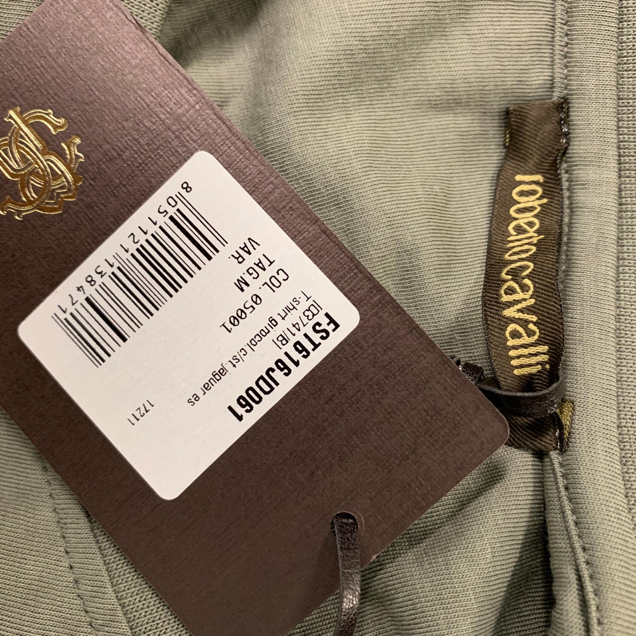 ROBERTO CAVALLI Talla M Oliva Negro Camisa Gráfica de Algodón de Manga Corta 1