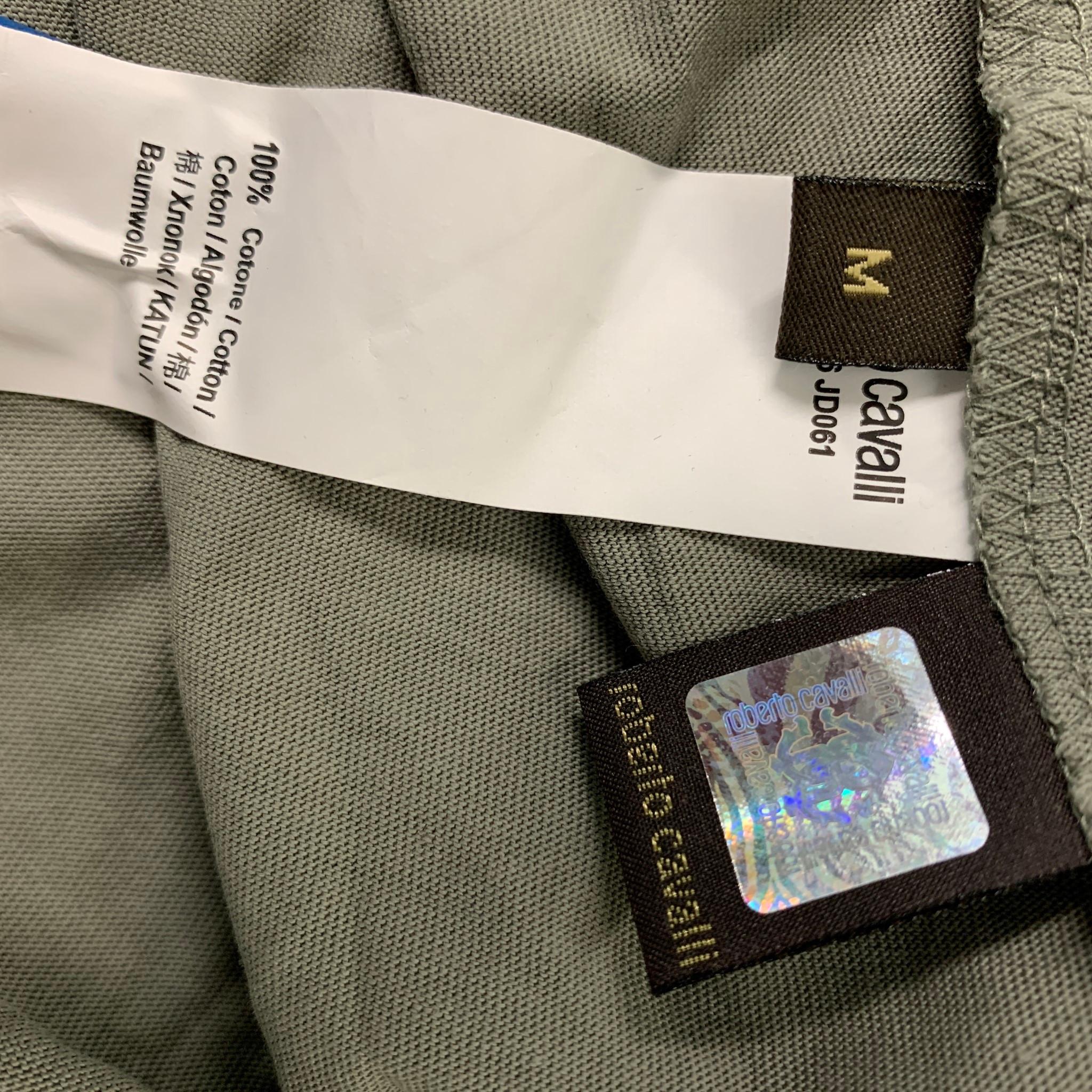 ROBERTO CAVALLI Talla M Oliva Negro Camisa Gráfica de Algodón de Manga Corta 2