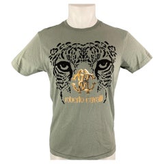 ROBERTO CAVALLI Size M Olive Black Graphic Cotton Short Sleeve Shirt