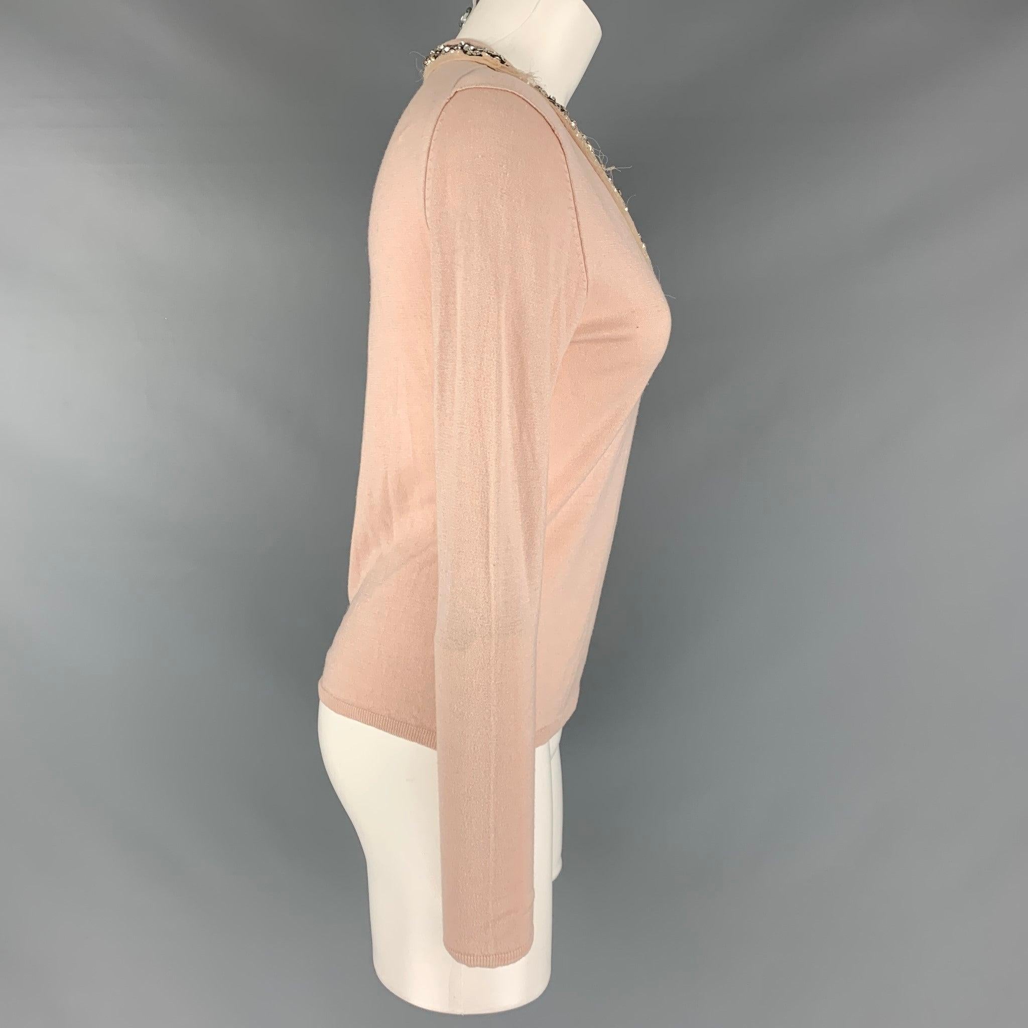 Women's ROBERTO CAVALLI Size M Pink Cashmere Silk Rhinestones V-Neck Pullover For Sale
