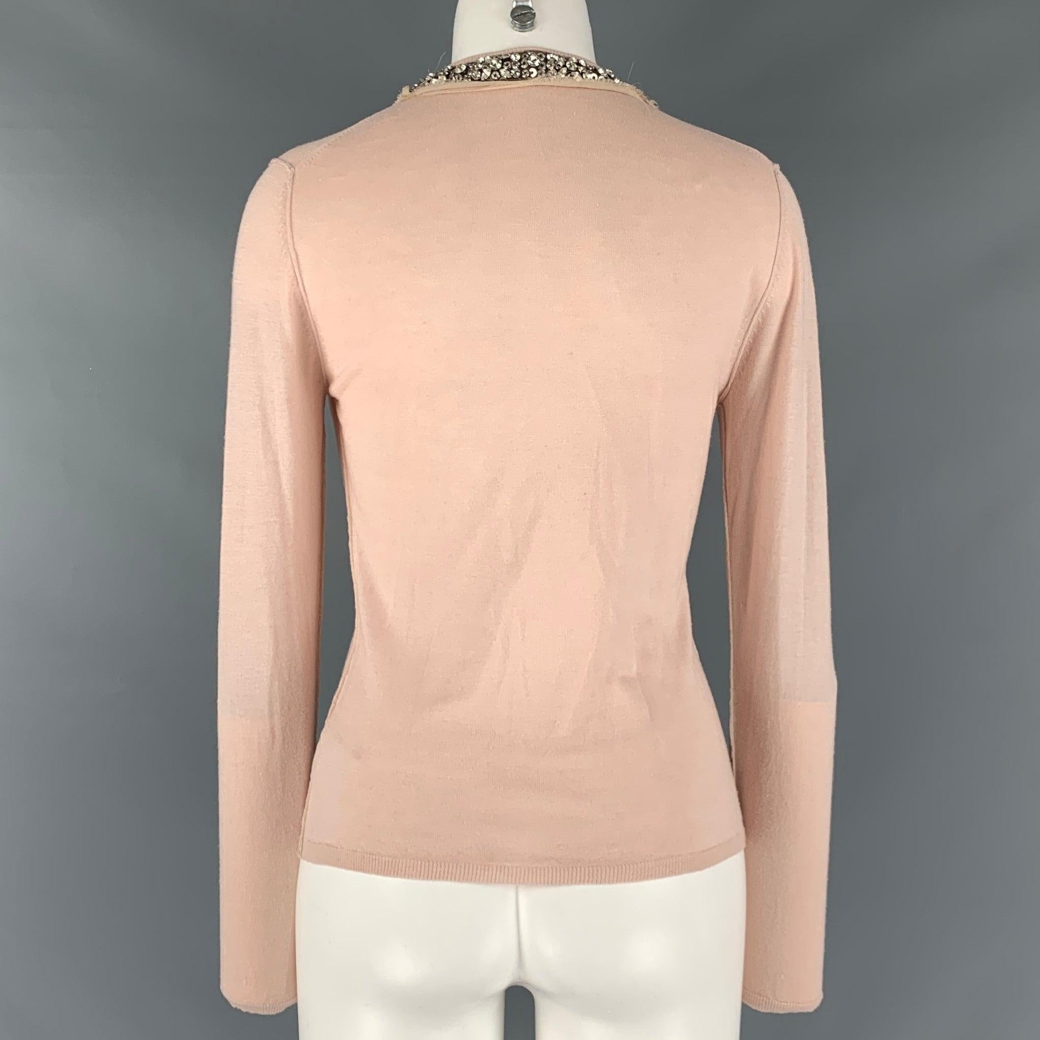 ROBERTO CAVALLI Size M Pink Cashmere Silk Rhinestones V-Neck Pullover For Sale 1