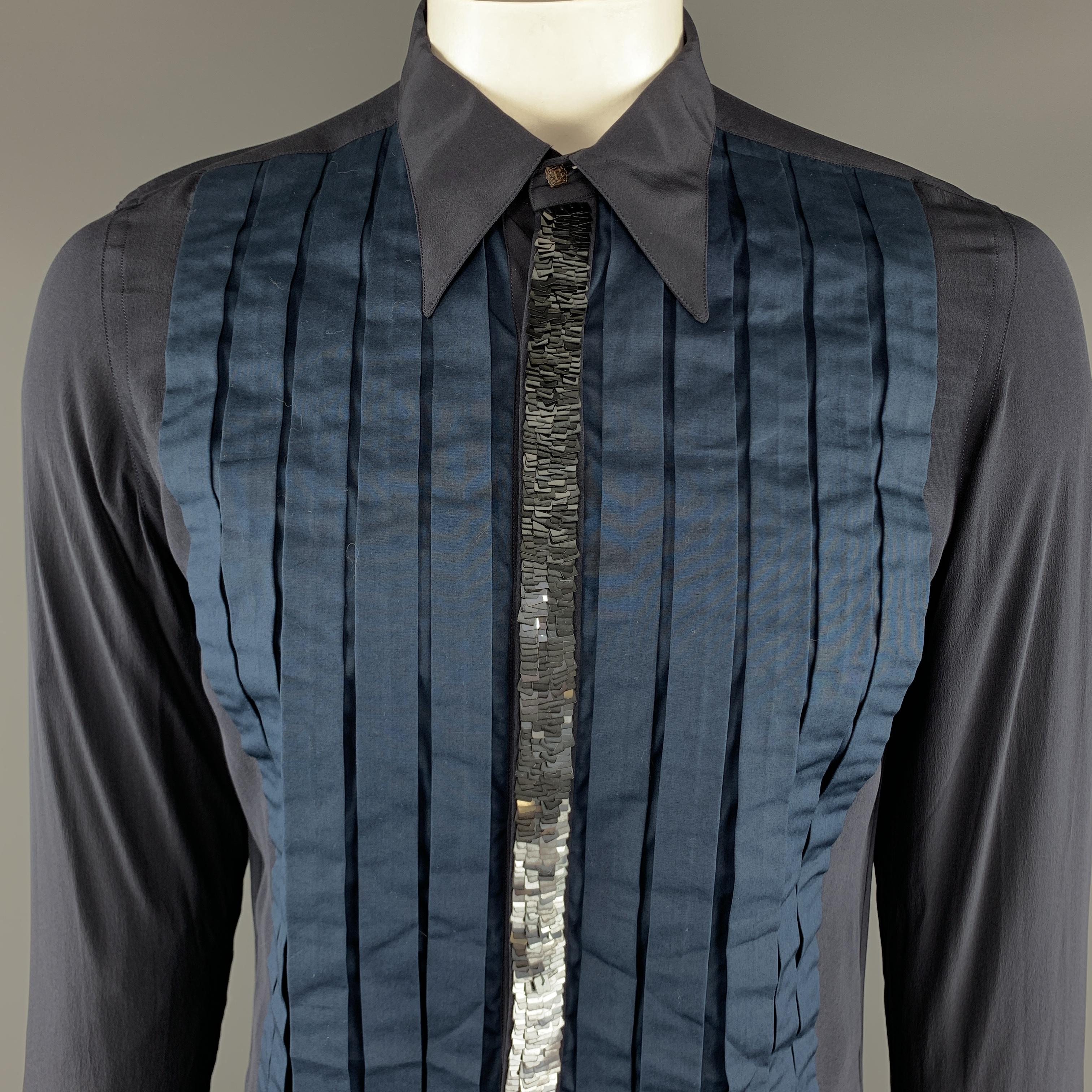 ROBERTO CAVALLI Long Sleeve Shirt comes in navy tones in a solid silk material, with a 