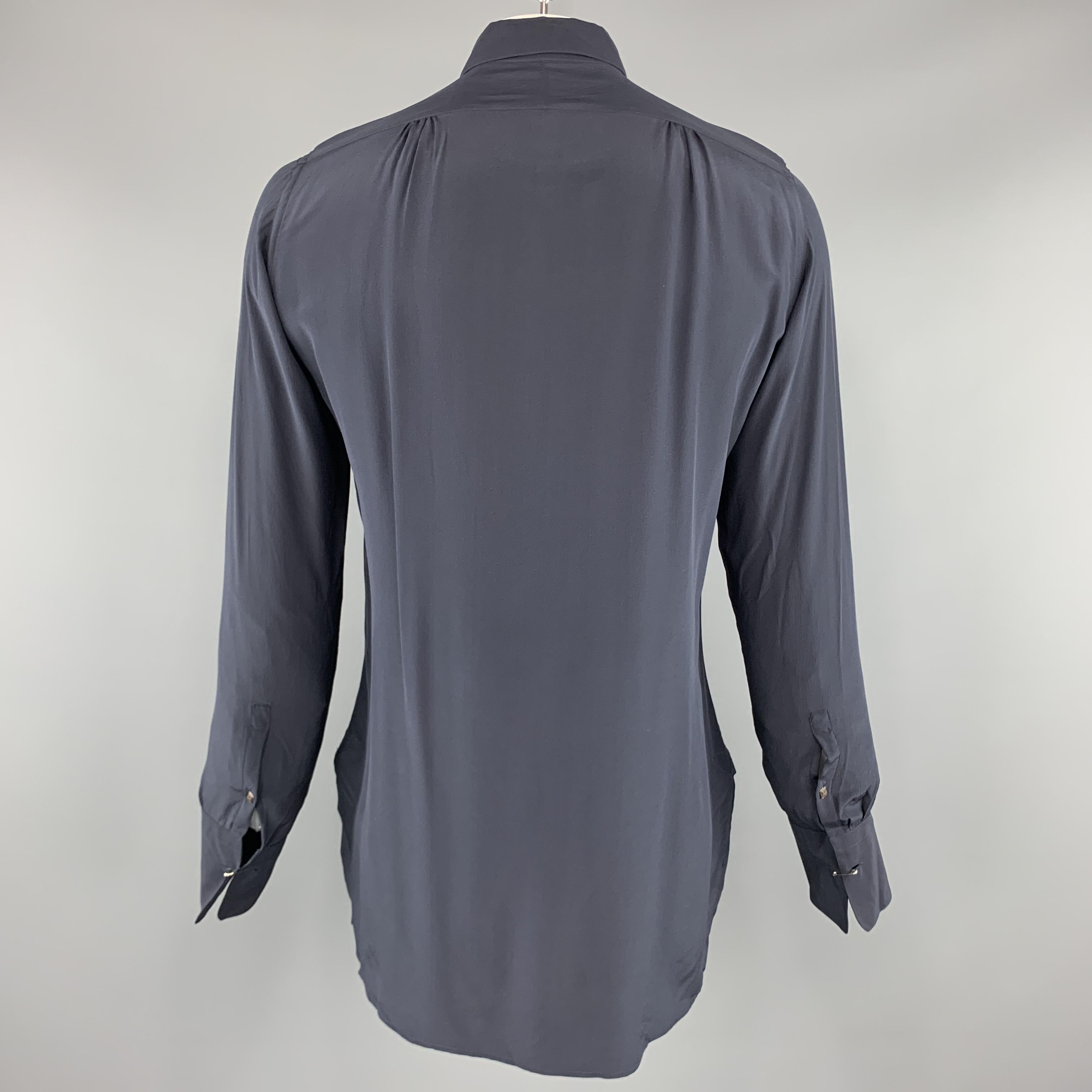 Men's ROBERTO CAVALLI Size M Pleated Embelished Navy Silk Long Sleeve Shirt