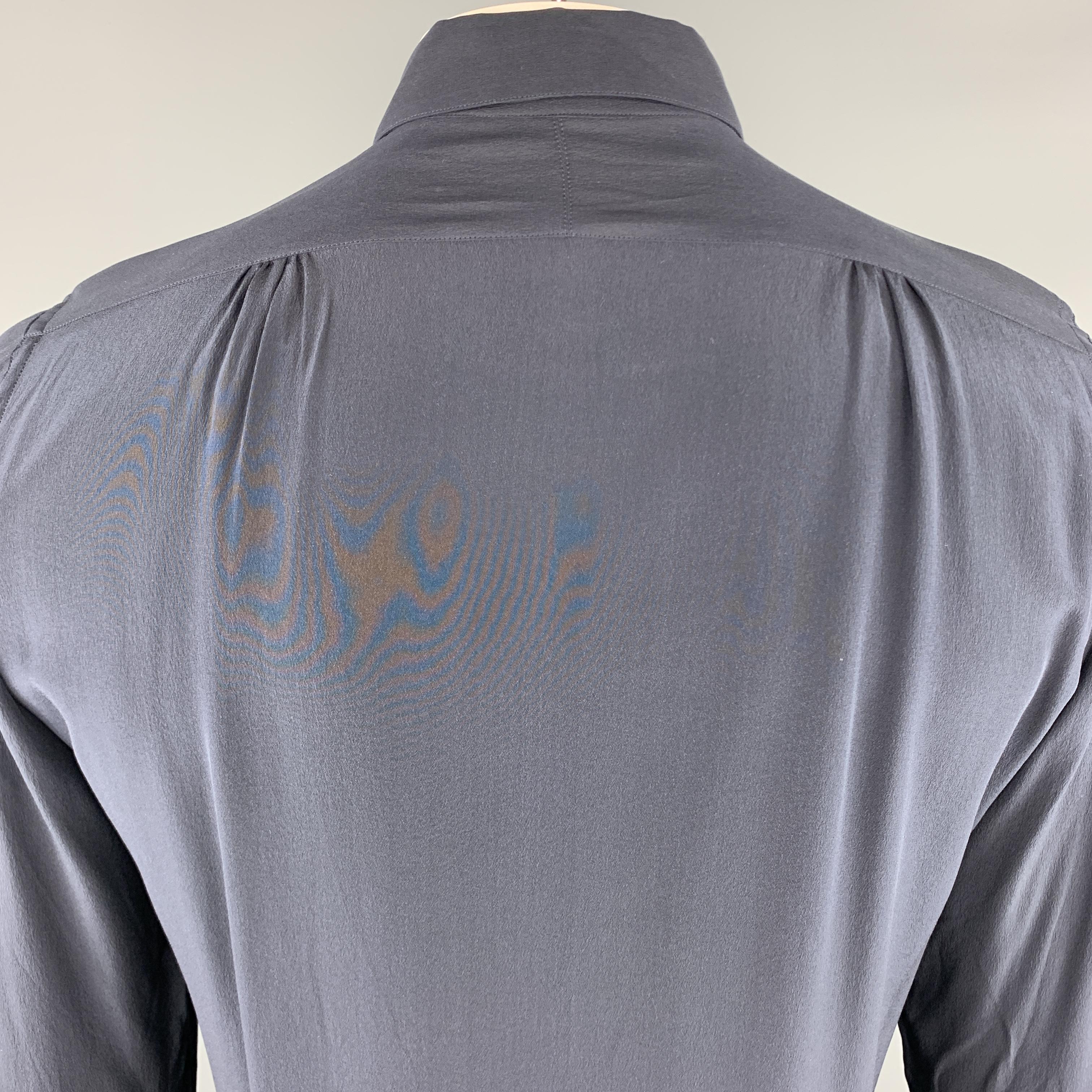ROBERTO CAVALLI Size M Pleated Embelished Navy Silk Long Sleeve Shirt 1