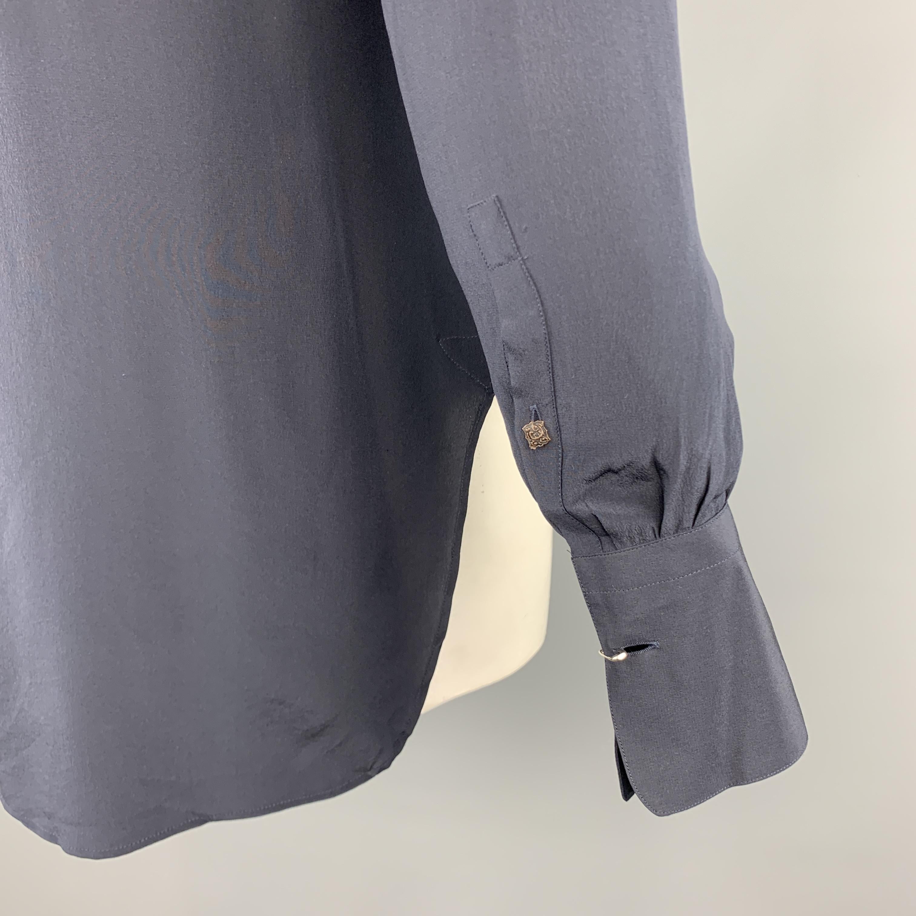 ROBERTO CAVALLI Size M Pleated Embelished Navy Silk Long Sleeve Shirt 2