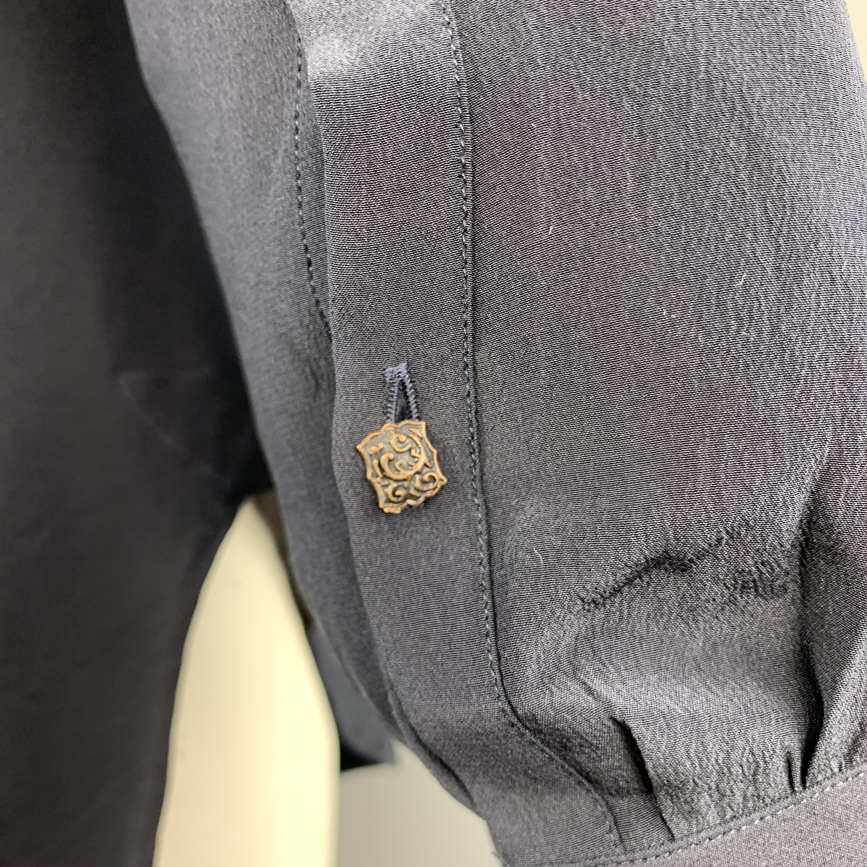 ROBERTO CAVALLI Size M Pleated Embelished Navy Silk Long Sleeve Shirt 3