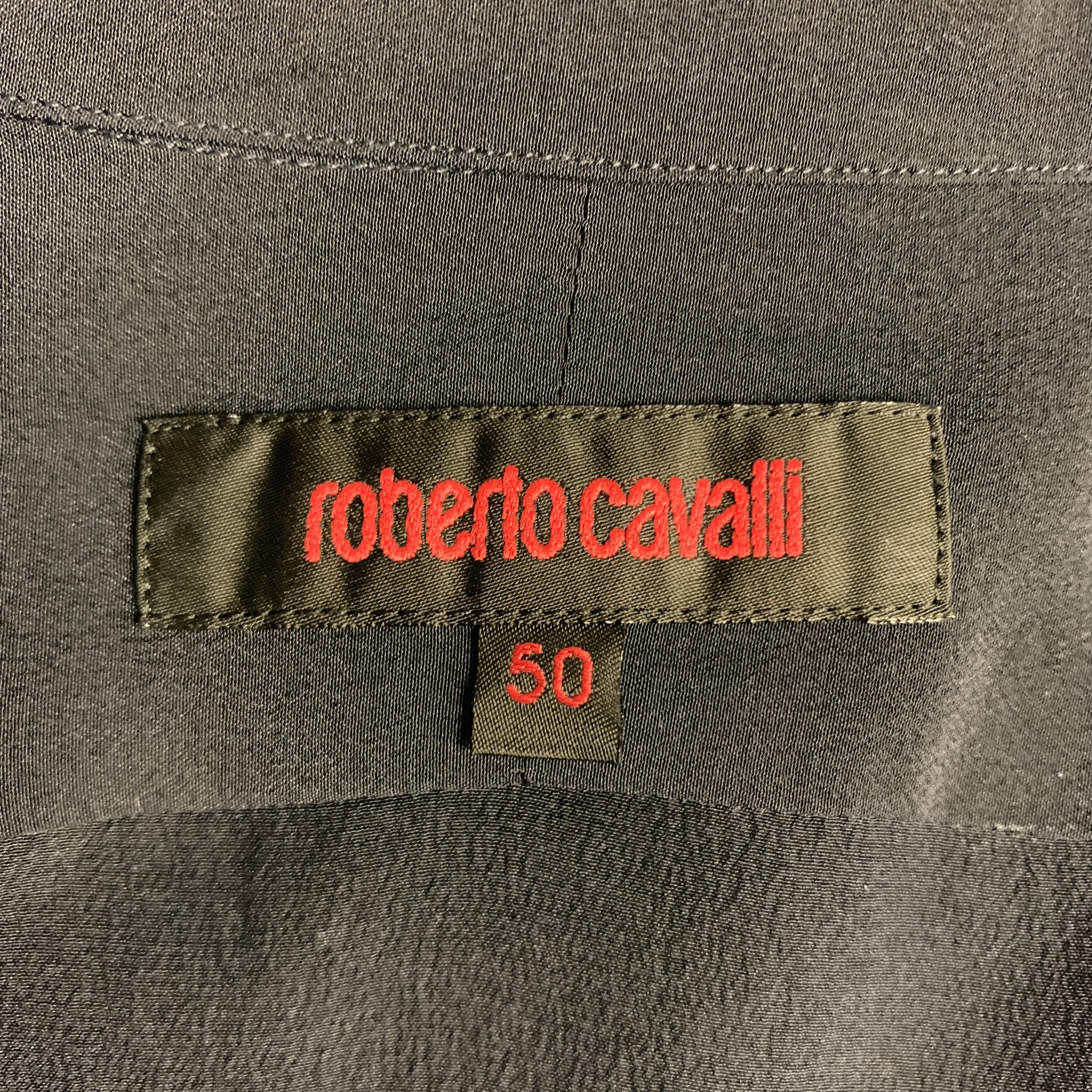 ROBERTO CAVALLI Size M Pleated Embelished Navy Silk Long Sleeve Shirt 4
