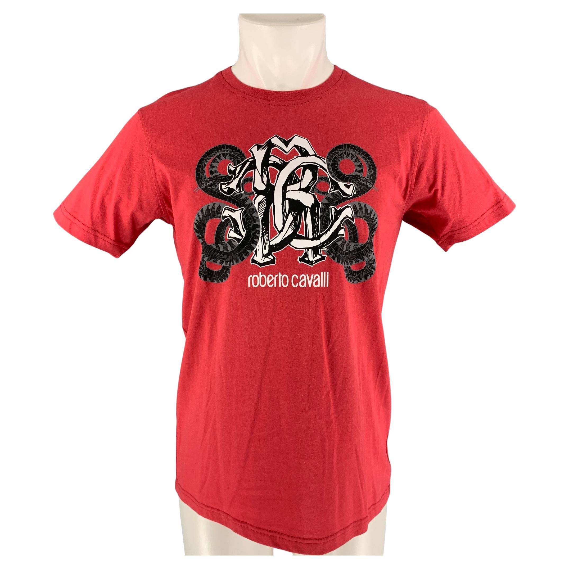 ROBERTO CAVALLI Size M Red, Black & white Graphic Cotton Short Sleeve Shirt
