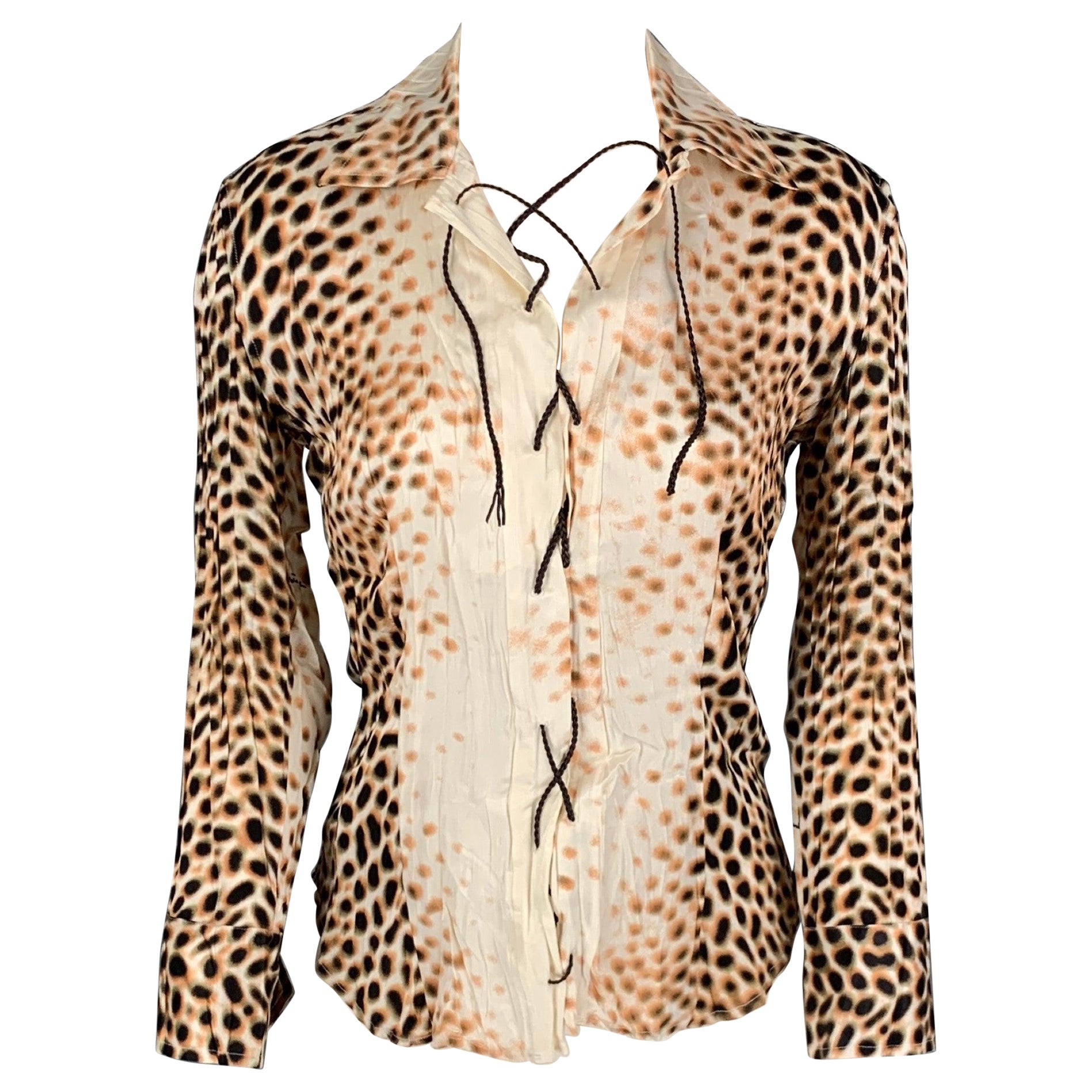 ROBERTO CAVALLI Size S Brown White Silk Dots Blouse