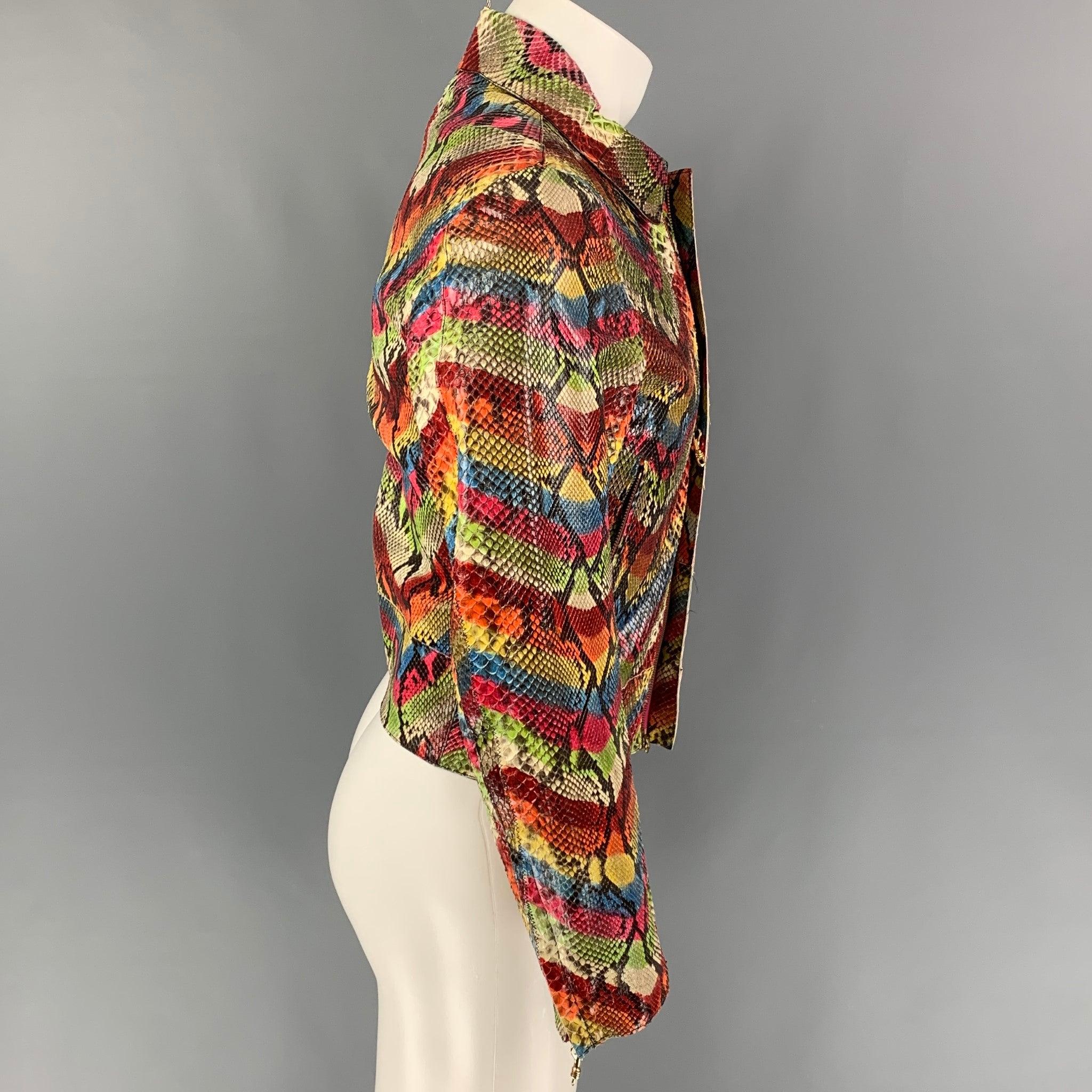 ROBERTO CAVALLI jacket comes in a multi-color chevron phyton skin featuring a spread collar, zipped sleeves, zipper pockets, and a hidden placket closure. Made in Italy.
Very Good
Pre-Owned Condition. Fabric tag removed.  

Marked:   Size tag