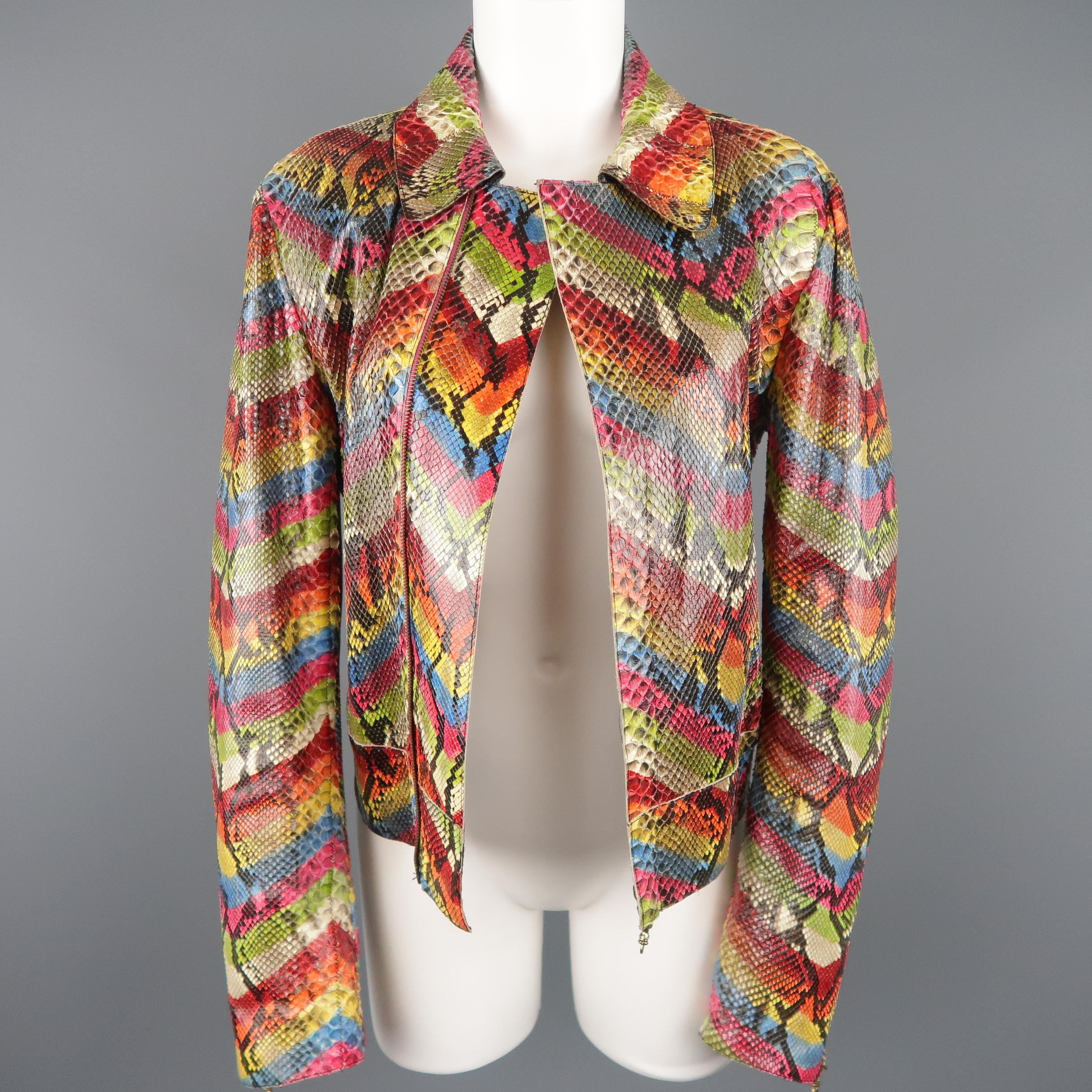 This fabulous ROBERTO CAVALLI jacket comes in python skin colorized with an all over rainbow multi-color chevron pattern and features a classic pointed collar, asymmetrical zip closure with placket, slanted zip pockets, zip cuffs, and zig zag top