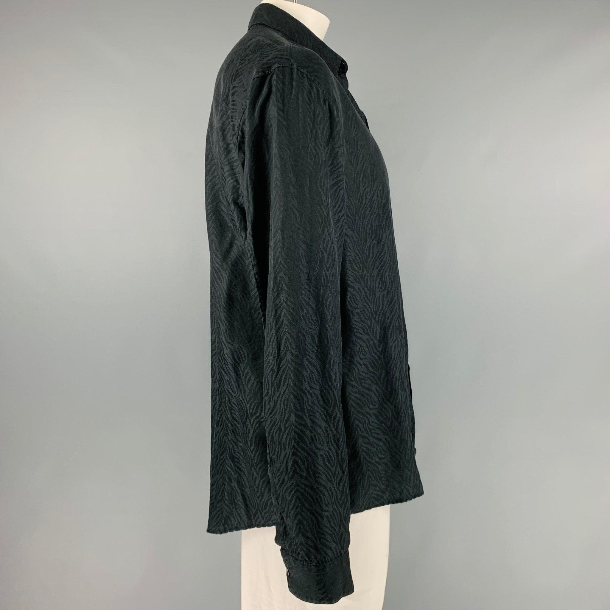 Men's ROBERTO CAVALLI Size XL Black Animal Print Cotton Silk Long Sleeve Shirt For Sale