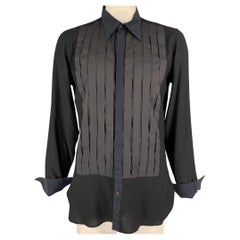 ROBERTO CAVALLI Size XL Black Navy Charcoal Pleated Tuxedo Long Sleeve Shirt