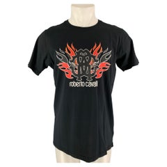 ROBERTO CAVALLI Size XL Black & White Red Graphic Cotton Short Sleeve Shirt