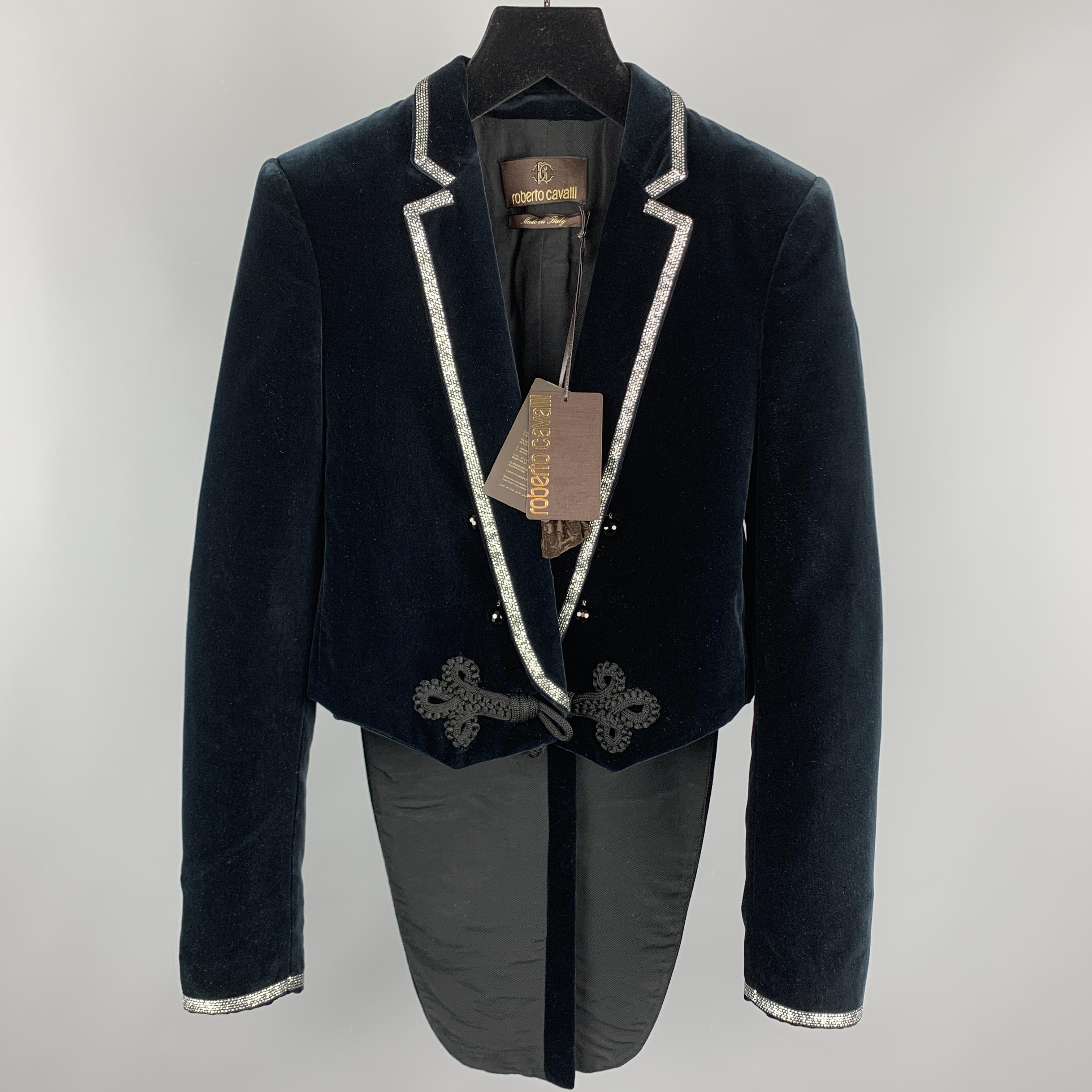 ROBERTO CAVALLI Jacket comes in a navy solid velvet material, with a beaded lapel, embellishments at front, tails, and embellished closure at cuffs. Marks at back. Made in Italy.

New With Tags.
Marked: IT 42

Measurements:

Shoulder: 15 in. 
Chest: