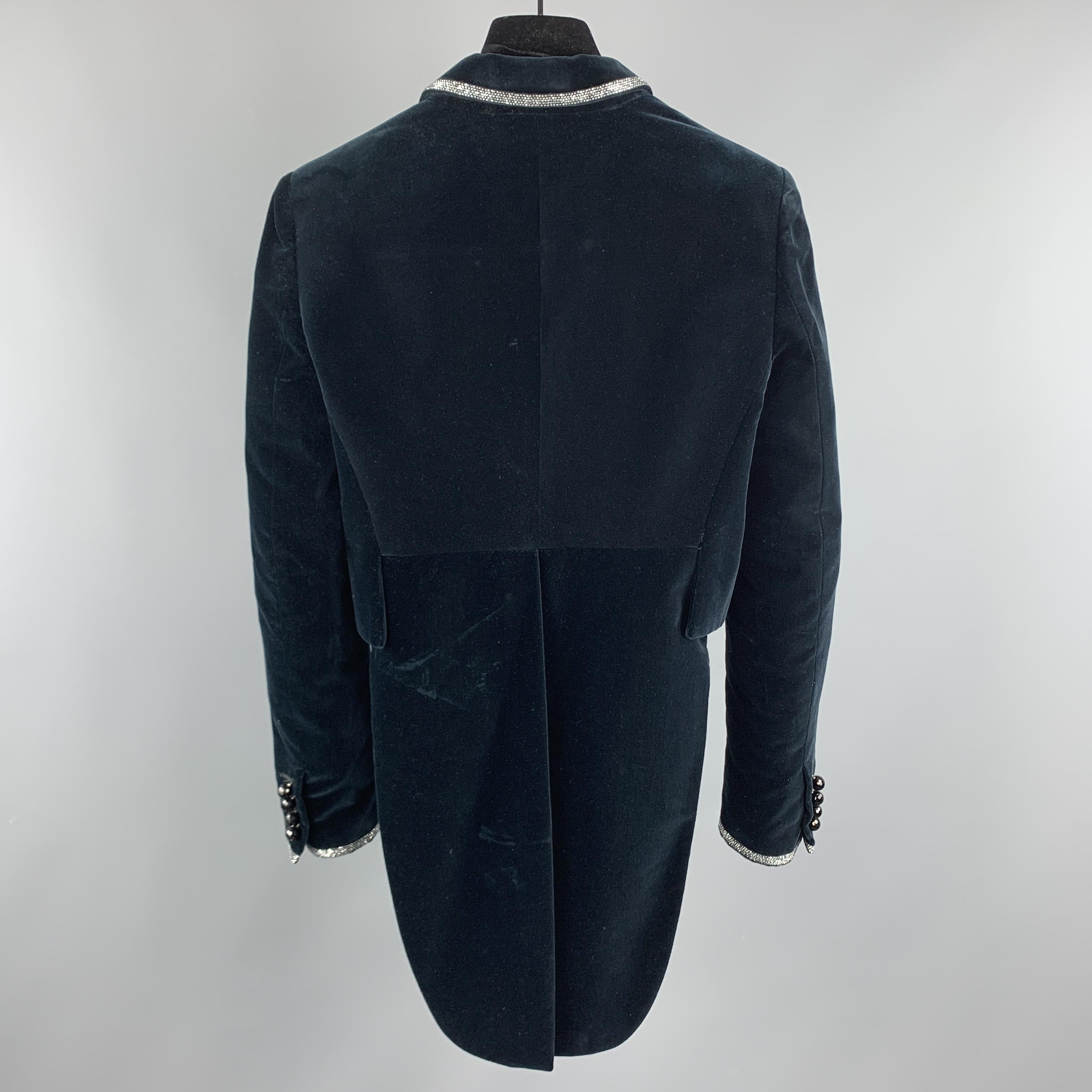 Black ROBERTO CAVALLI Size XS Navy Cotton Velvet Beaded Lapel Tails Jacket