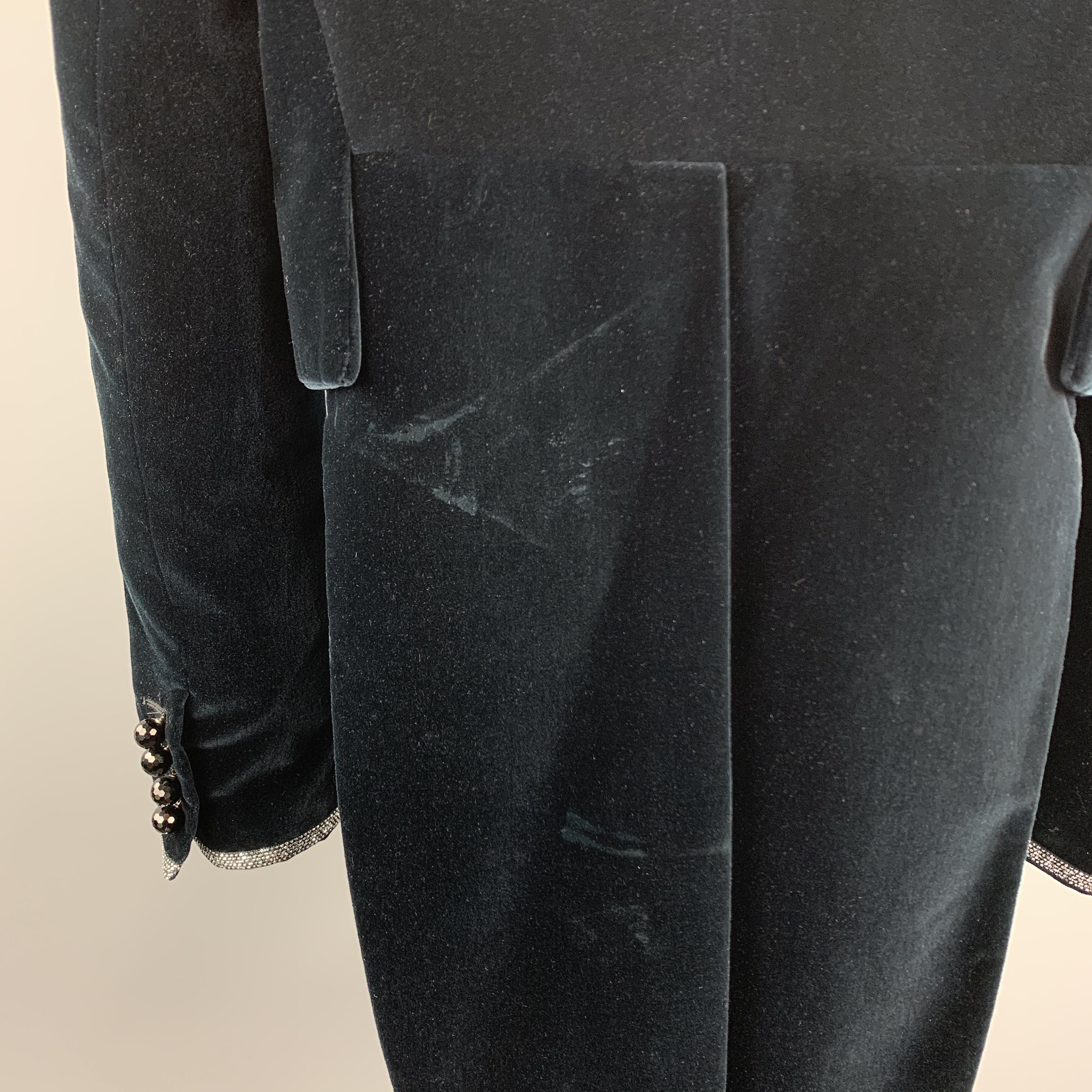 ROBERTO CAVALLI Size XS Navy Cotton Velvet Beaded Lapel Tails Jacket 1
