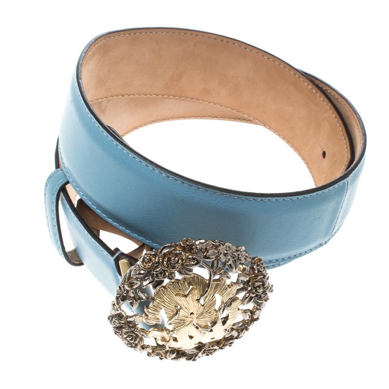 Gray Roberto Cavalli Sky Blue Leather Logo Belt 75cm