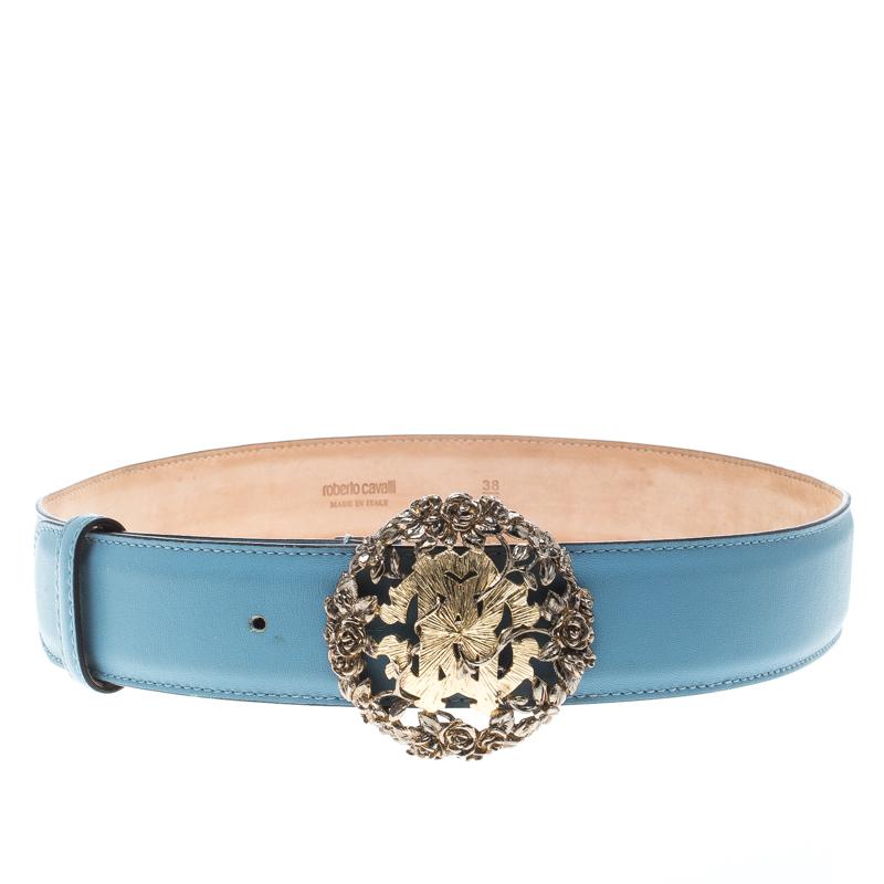 Roberto Cavalli Sky Blue Leather Logo Belt 75cm