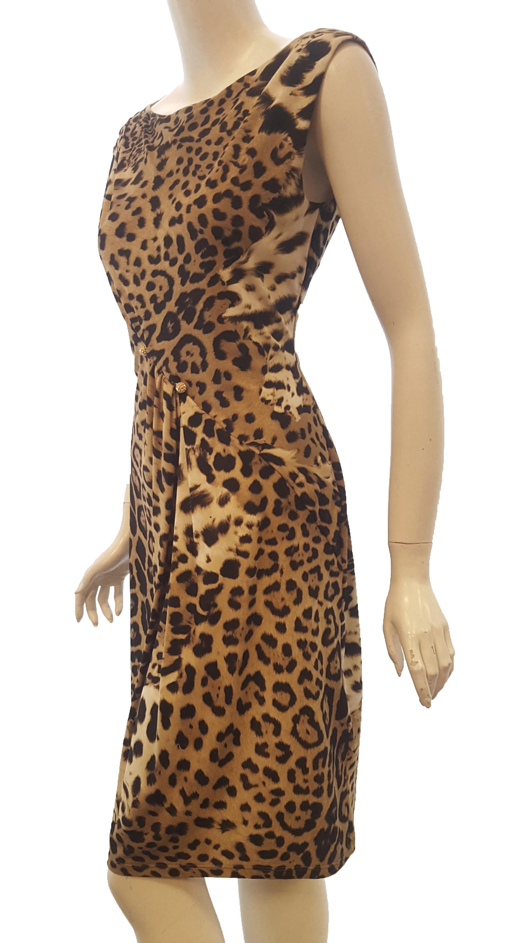 Roberto Cavalli Sleeveless Black & Beige Leopard Print Dress In Excellent Condition In Palm Beach, FL