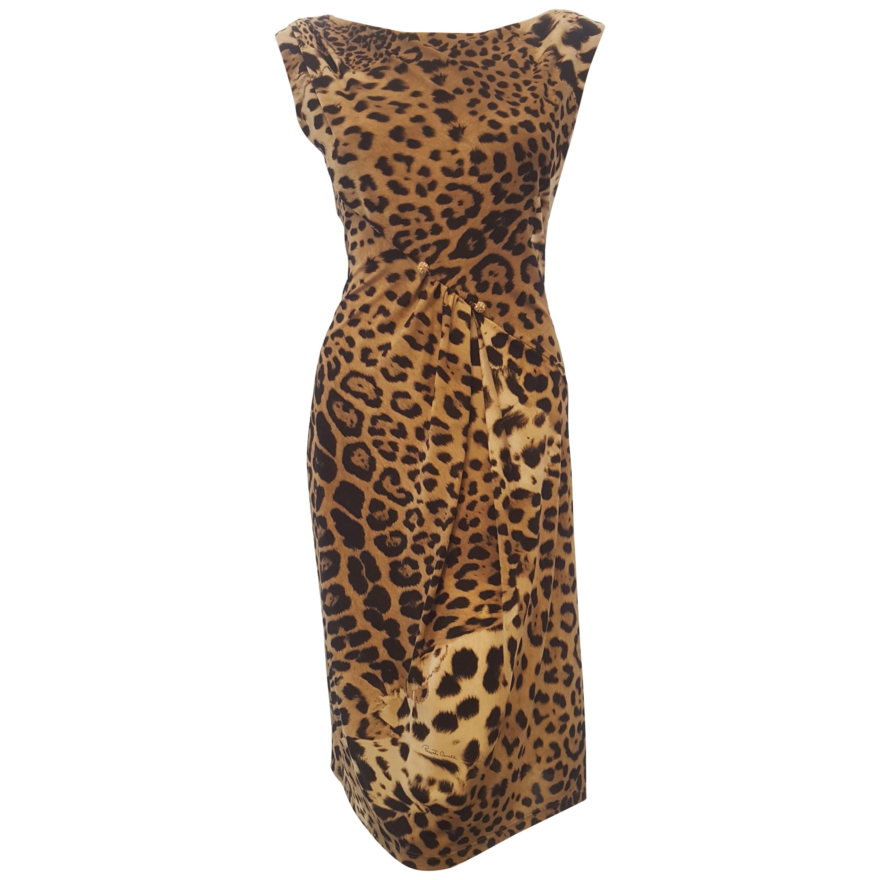 Roberto Cavalli Sleeveless Black & Beige Leopard Print Dress