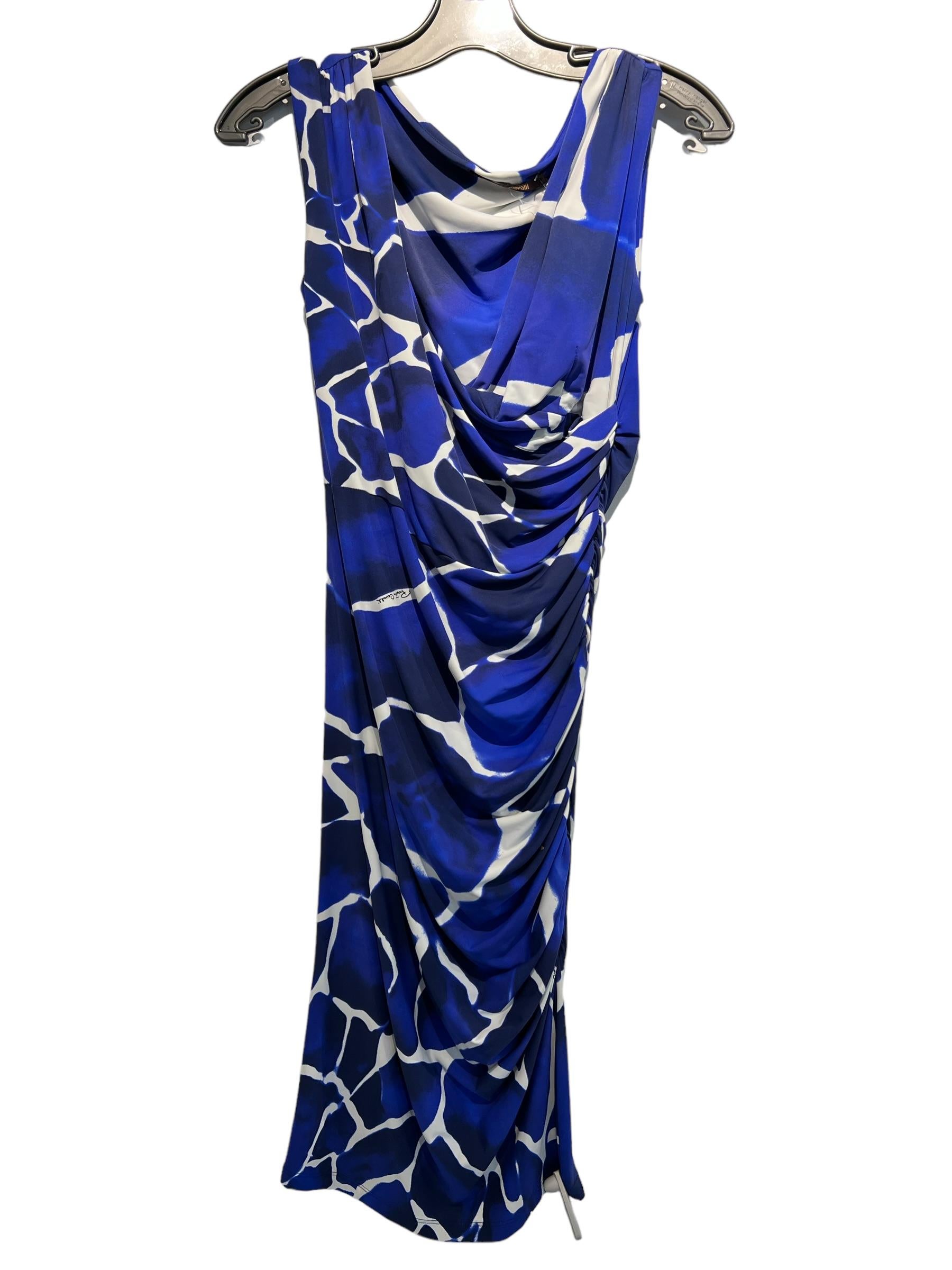 Roberto Cavalli Sheath Dress, Blue Printed, Sleeveless with V-Neck