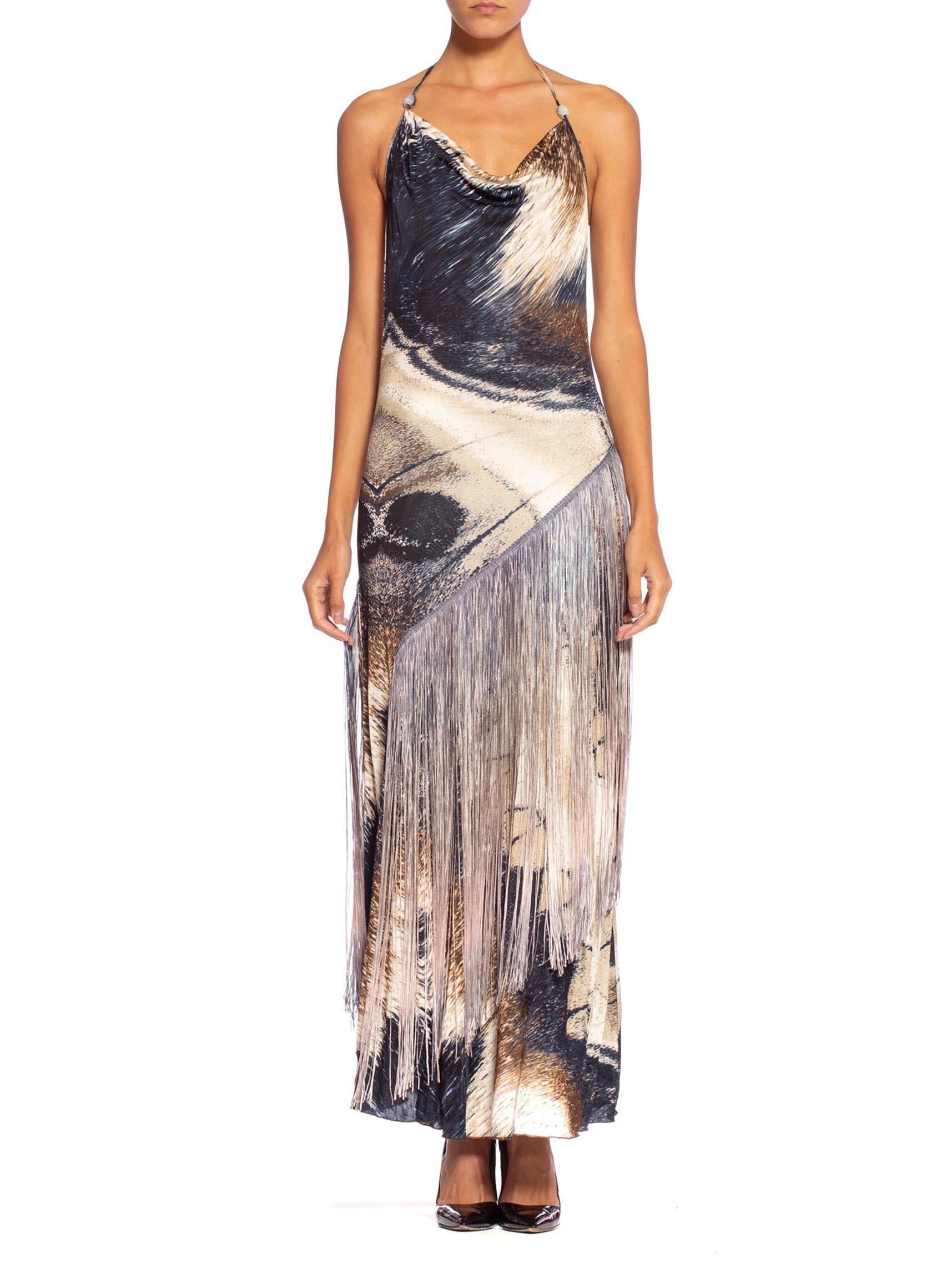 Brown Roberto Cavalli Slinky Jersey Cowl Dress With Silver Metallic + Fringe Details