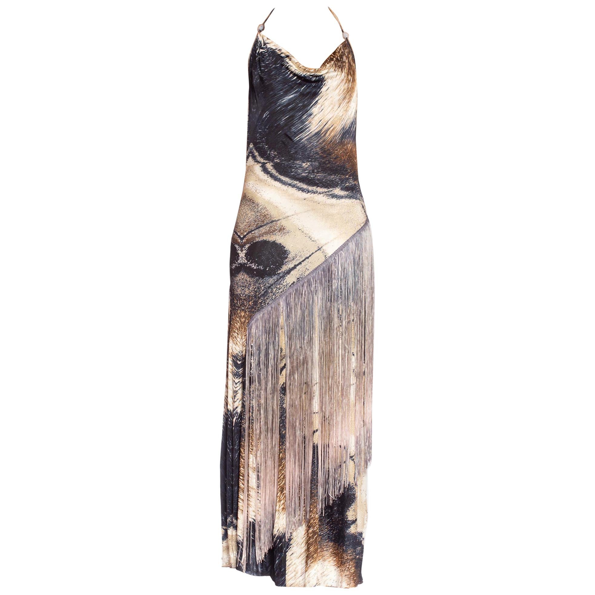 Roberto Cavalli Slinky Jersey Cowl Dress With Silver Metallic + Fringe Details