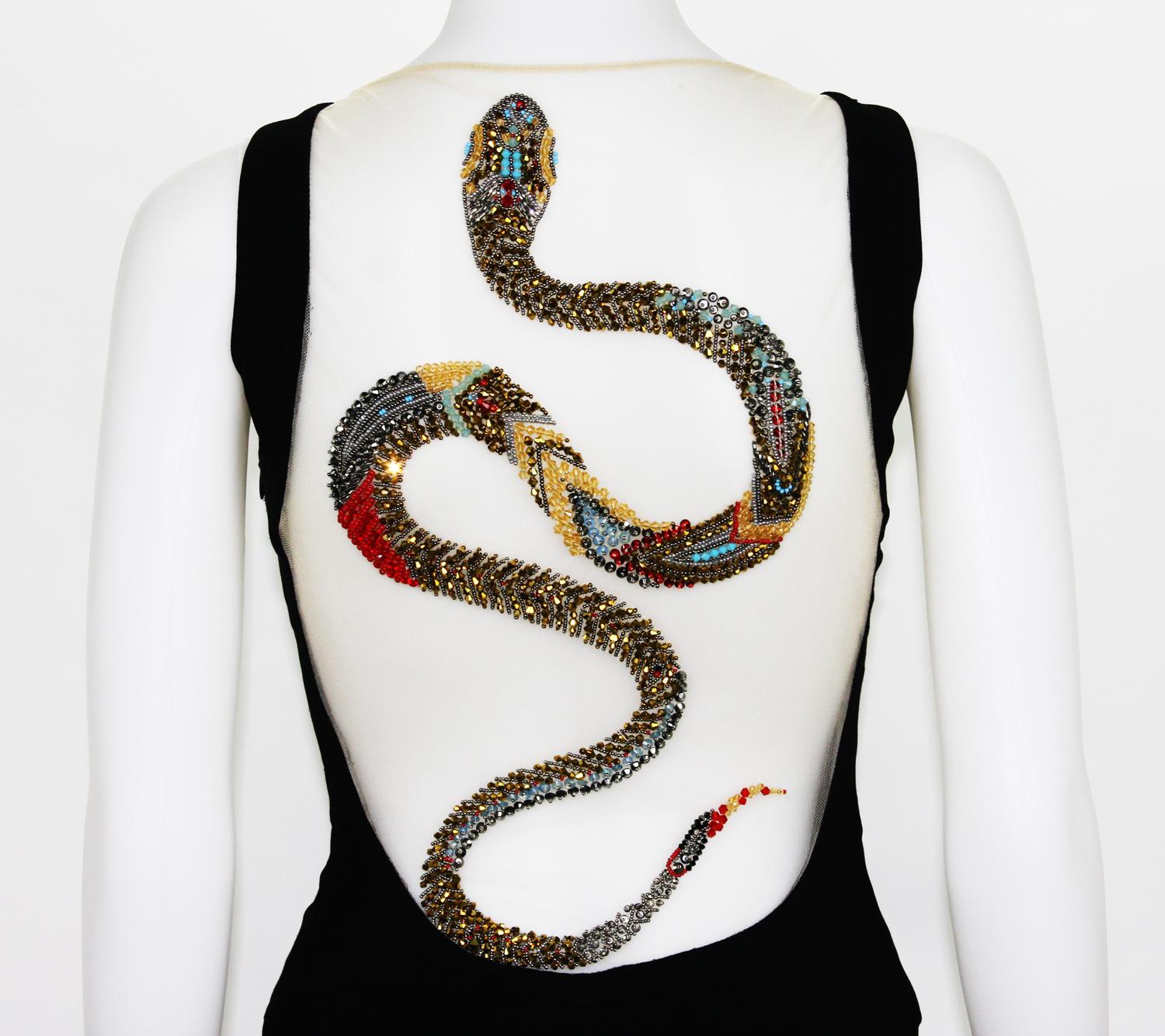 Women's Roberto Cavalli Snake Beads Embellished Black Stretch Dress Gown It. 40 - US 4